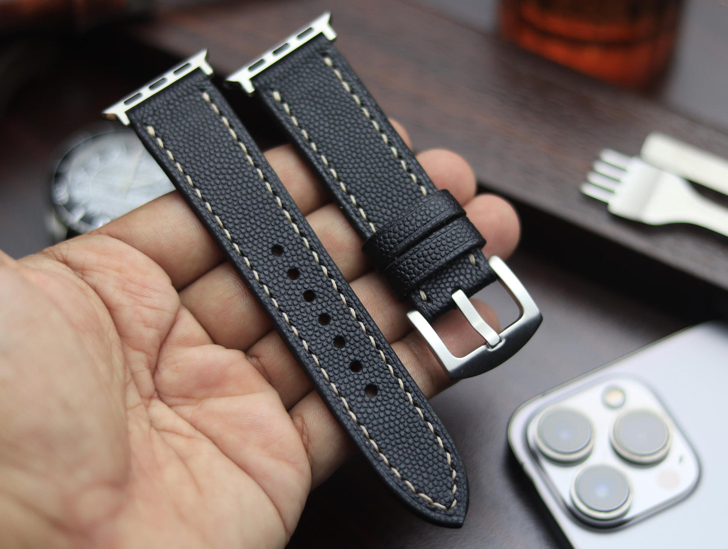 PREMIUM LEATHER STRAP SPIDER BLACK - FULL STITCHED (BEIGH)