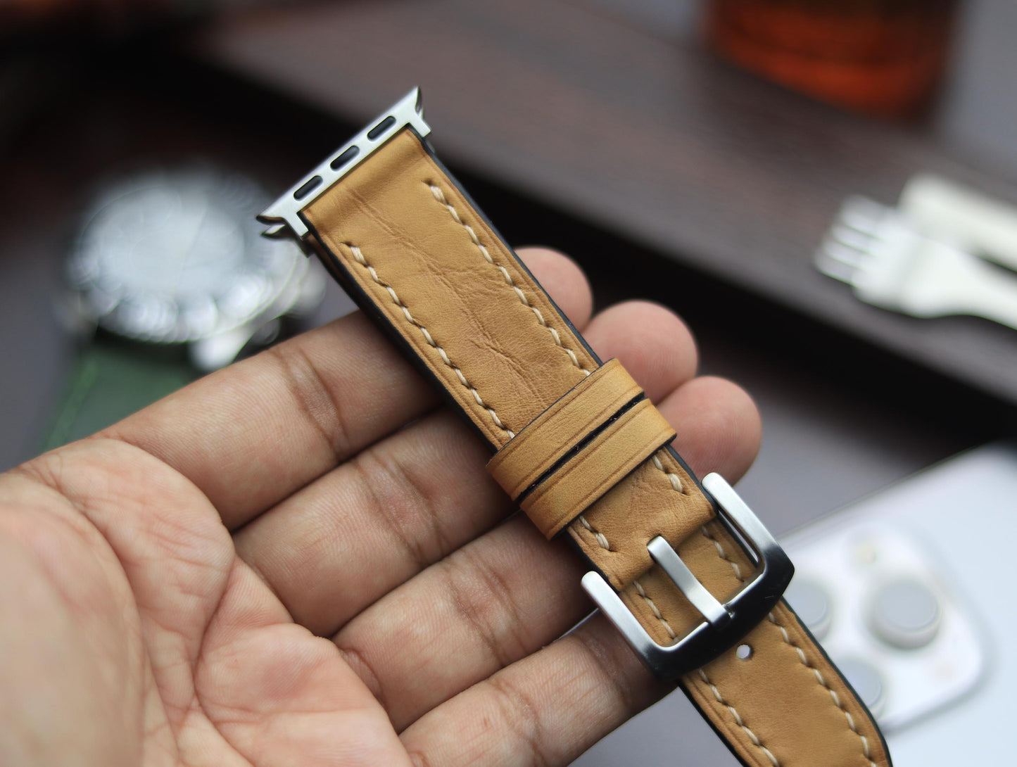 PREMIUM LEATHER STRAP WARM BEIGH FULL STITCHED (BEIGH)