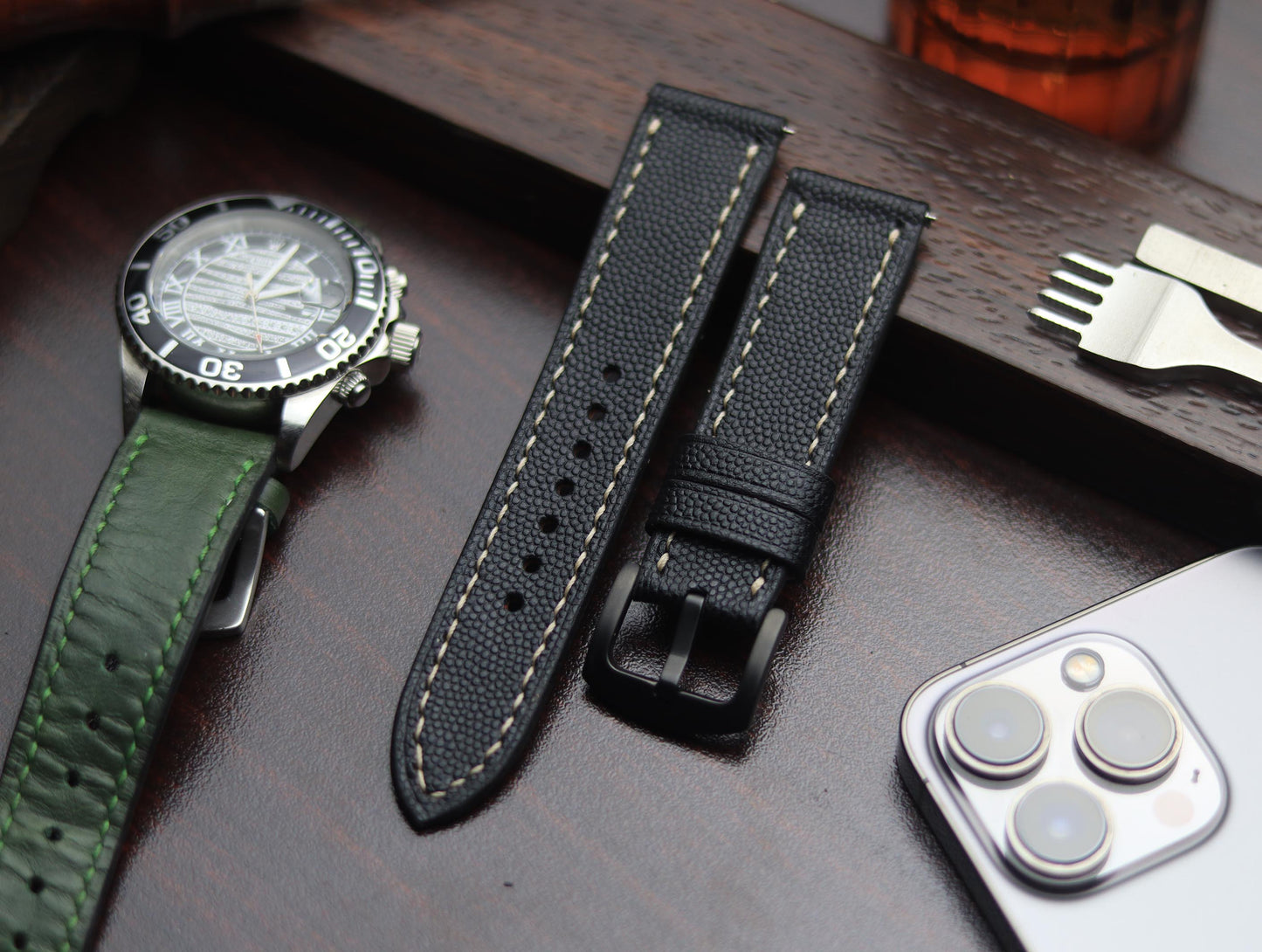 PREMIUM LEATHER STRAP SPIDER BLACK - FULL STITCHED (BEIGH)