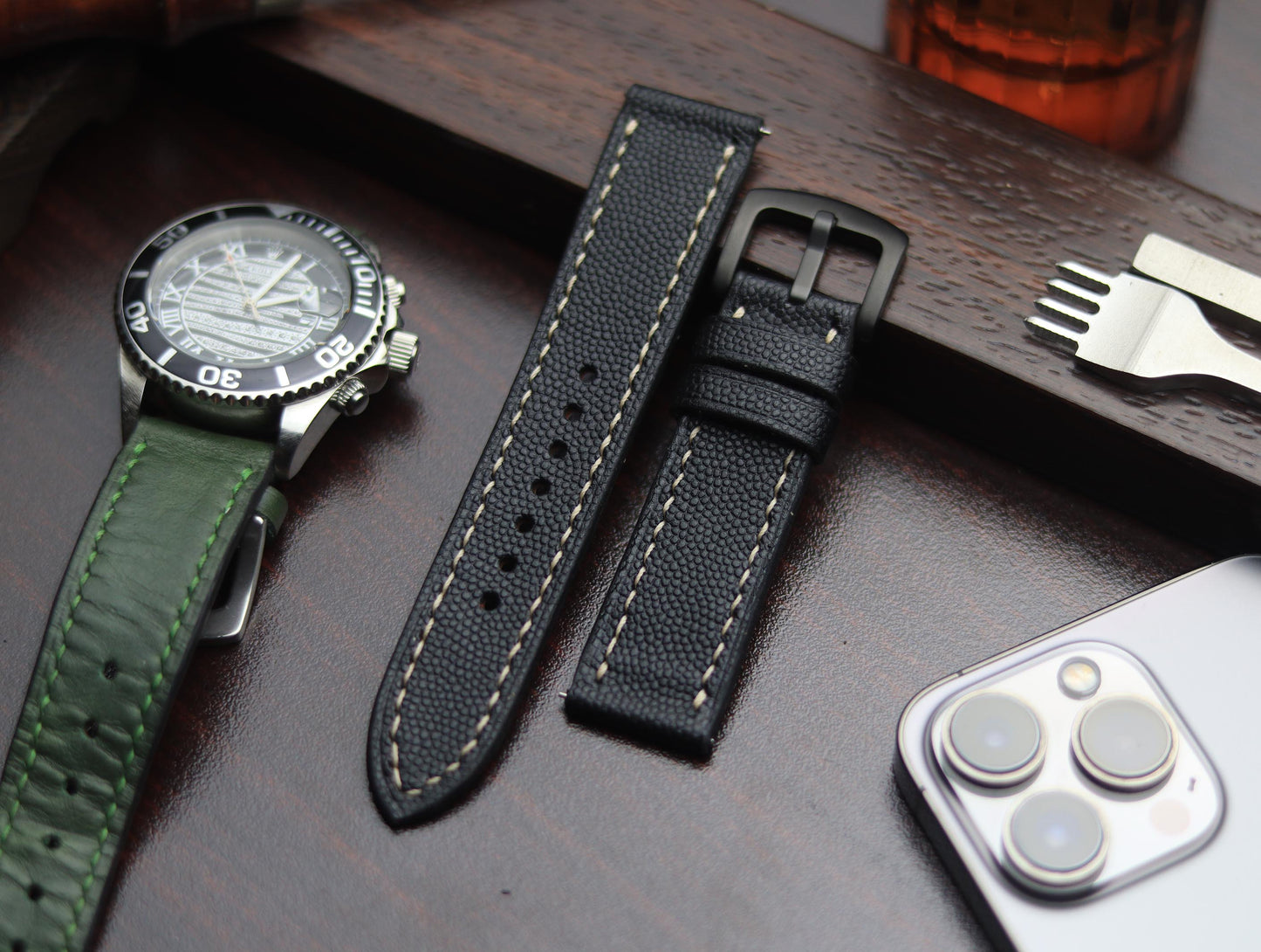 PREMIUM LEATHER STRAP SPIDER BLACK - FULL STITCHED (BEIGH)