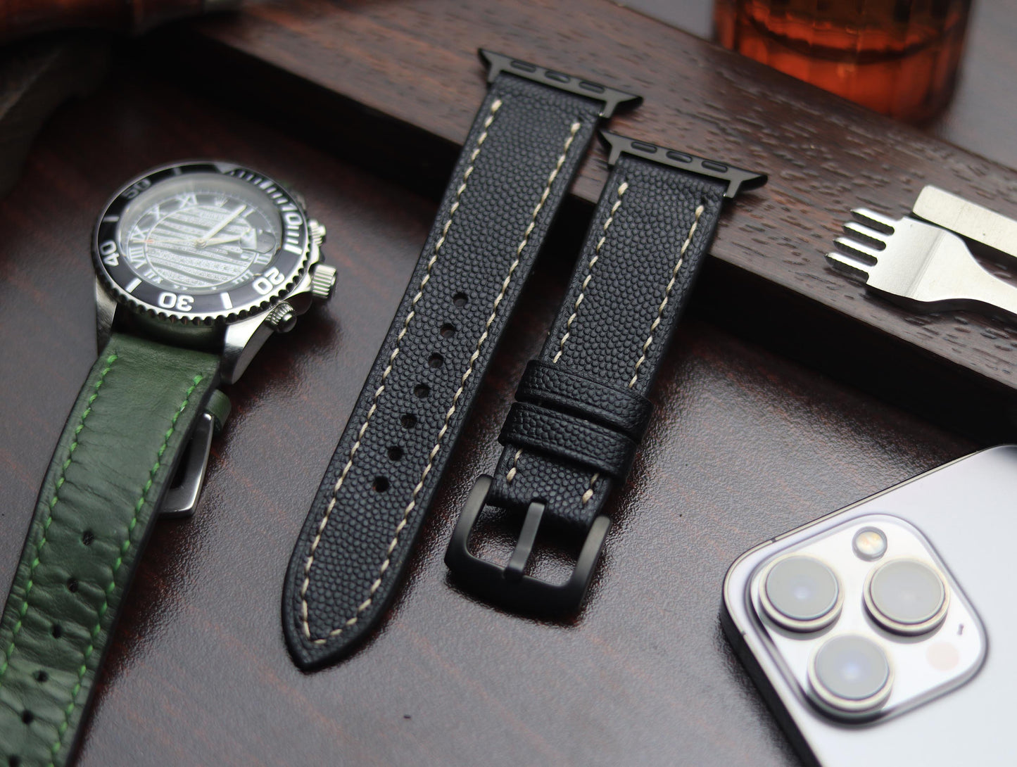 PREMIUM LEATHER STRAP SPIDER BLACK - FULL STITCHED (BEIGH)