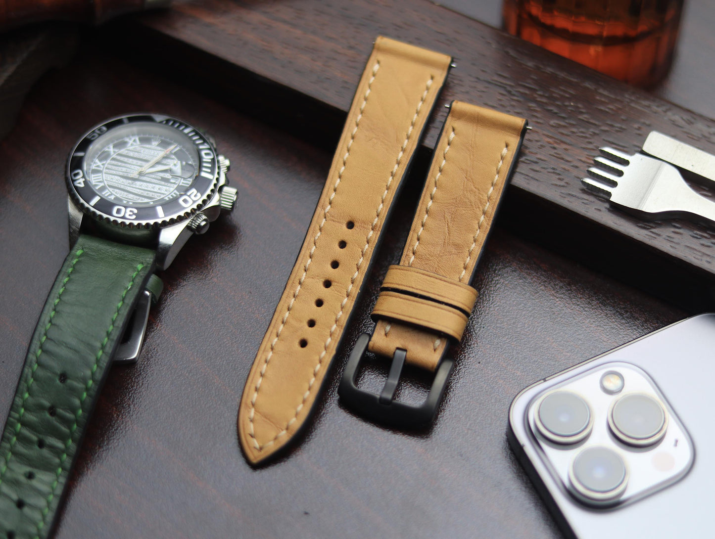 PREMIUM LEATHER STRAP WARM BEIGH FULL STITCHED (BEIGH)