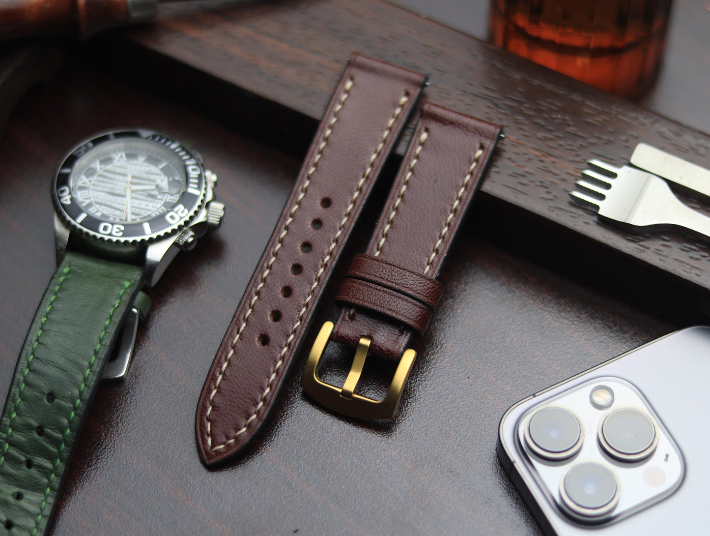 PREMIUM LEATHER STRAP BURNT OAK - FULL STITCHED (BEIGH)
