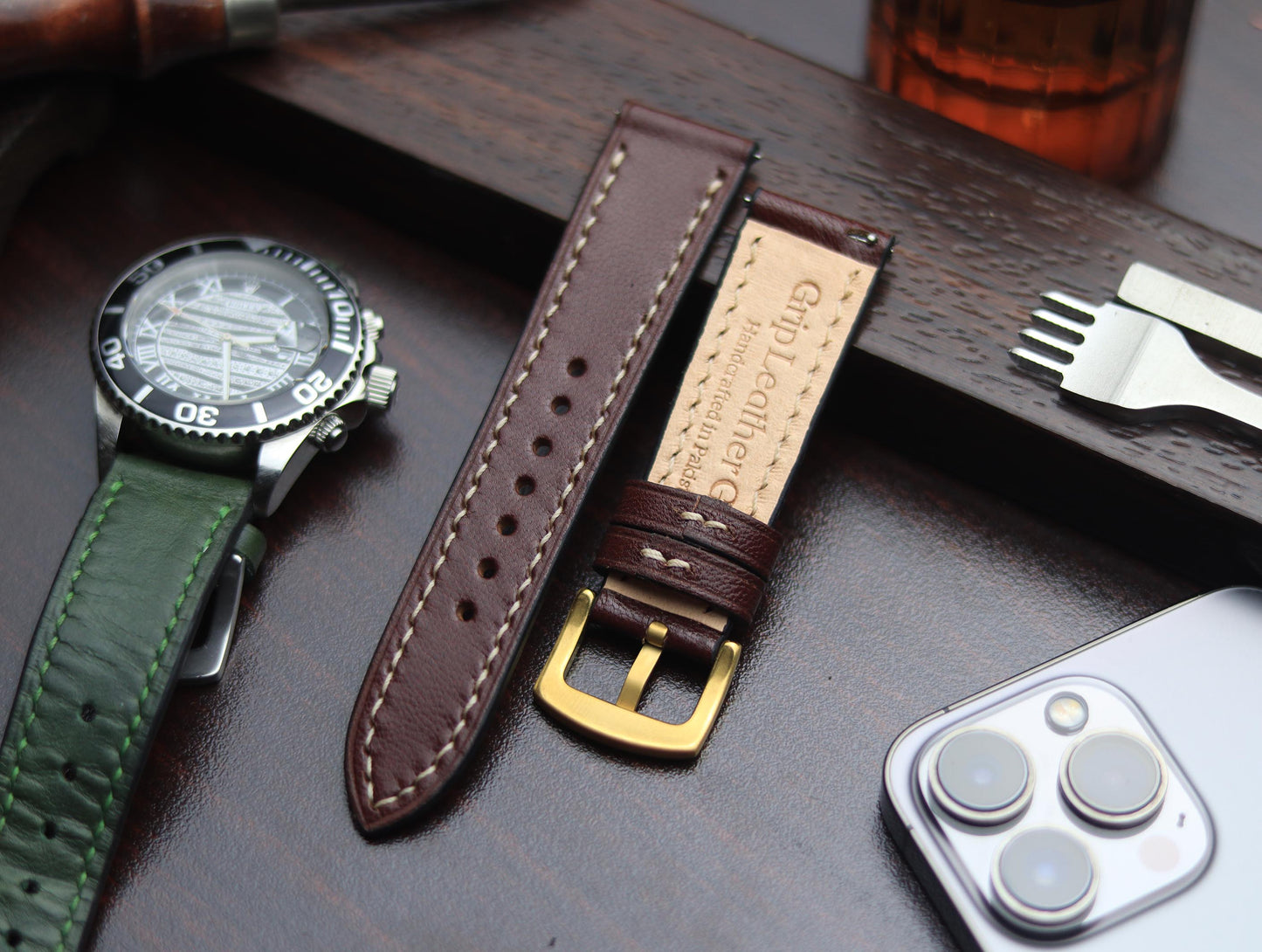 PREMIUM LEATHER STRAP BURNT OAK - FULL STITCHED (BEIGH)