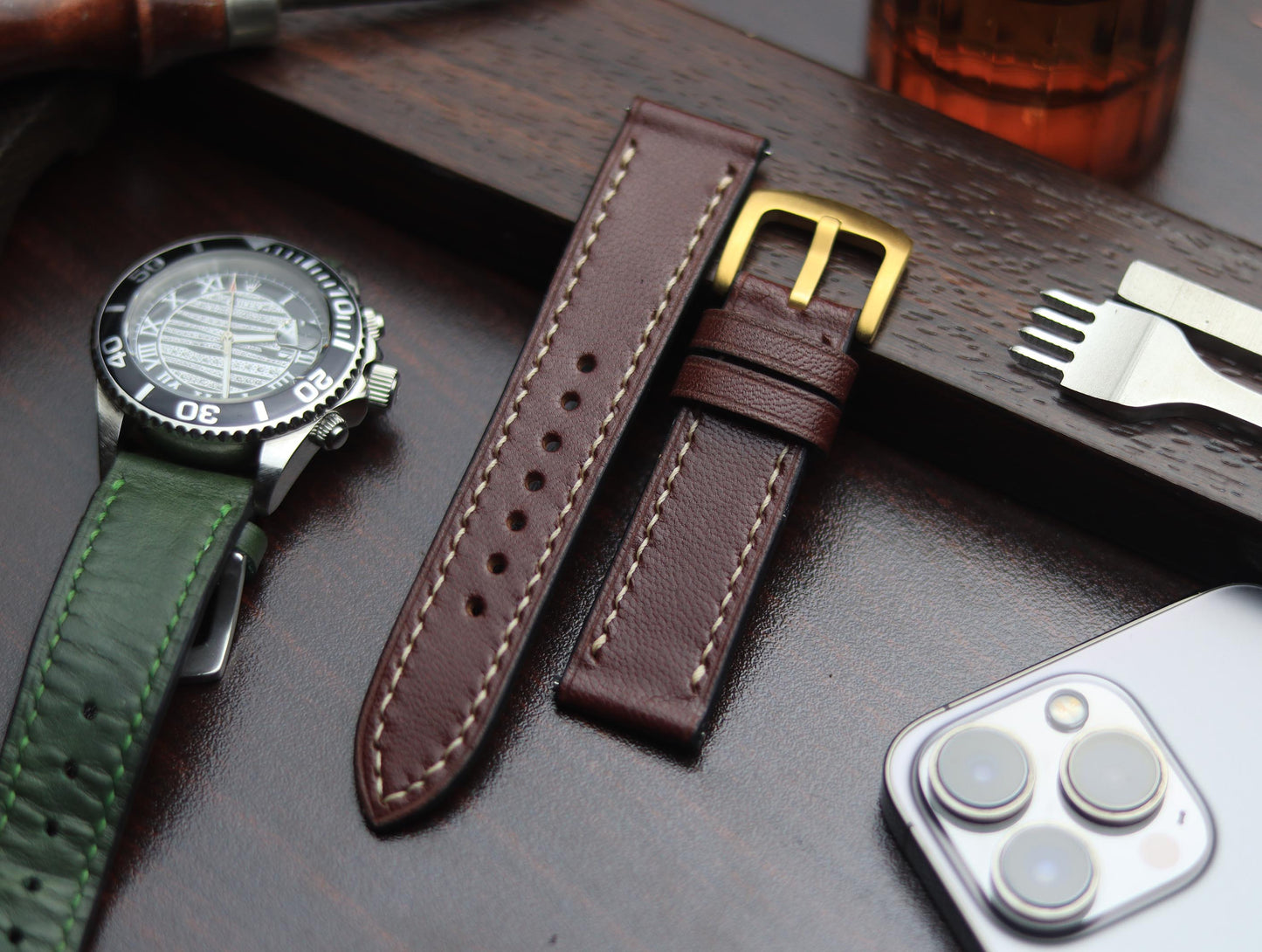PREMIUM LEATHER STRAP BURNT OAK - FULL STITCHED (BEIGH)