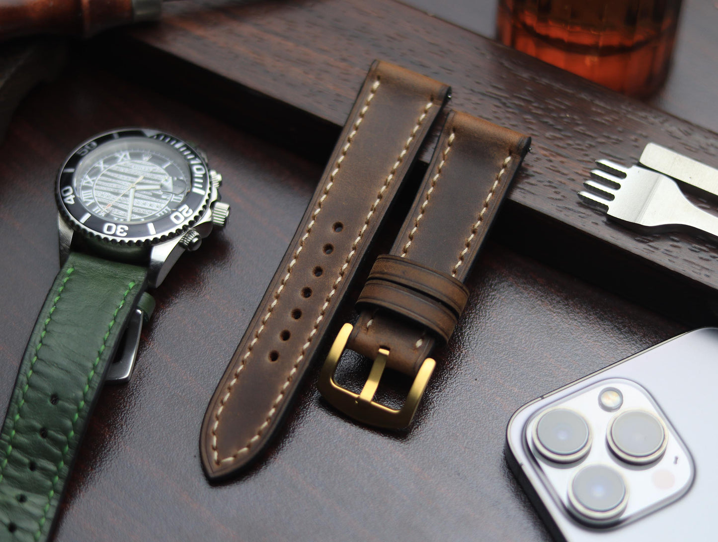 PREMIUM LEATHER STRAP ECLIPSE BROWN - FULL STITCHED (BEIGH)