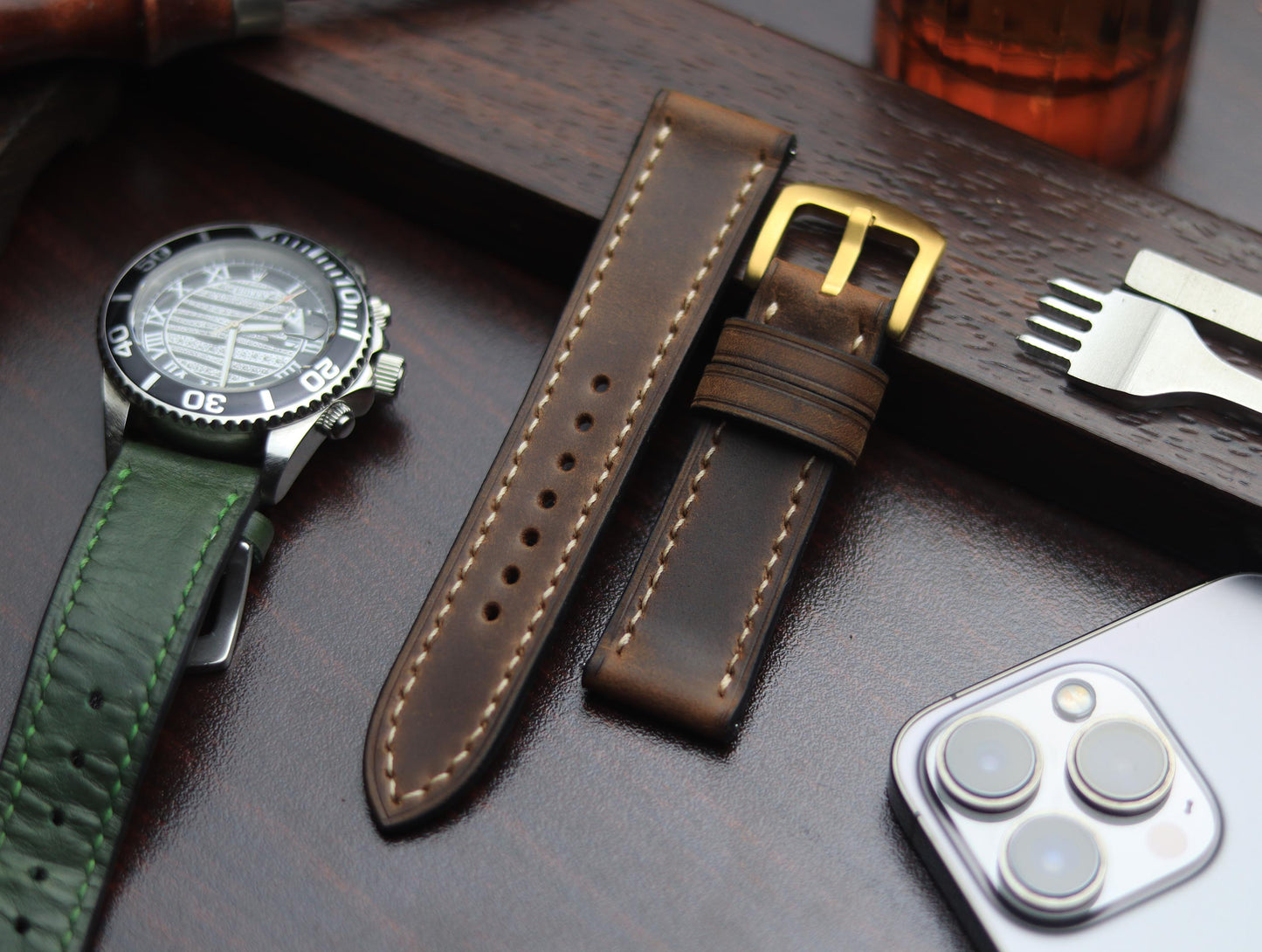 PREMIUM LEATHER STRAP ECLIPSE BROWN - FULL STITCHED (BEIGH)