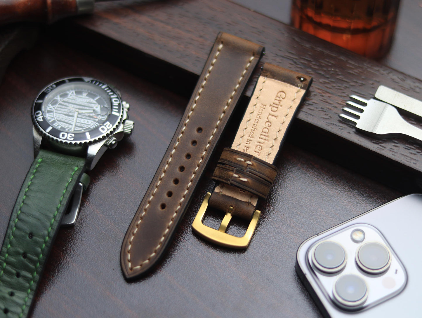 PREMIUM LEATHER STRAP ECLIPSE BROWN - FULL STITCHED (BEIGH)