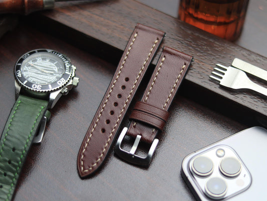 PREMIUM LEATHER STRAP BURNT OAK - FULL STITCHED (BEIGH)