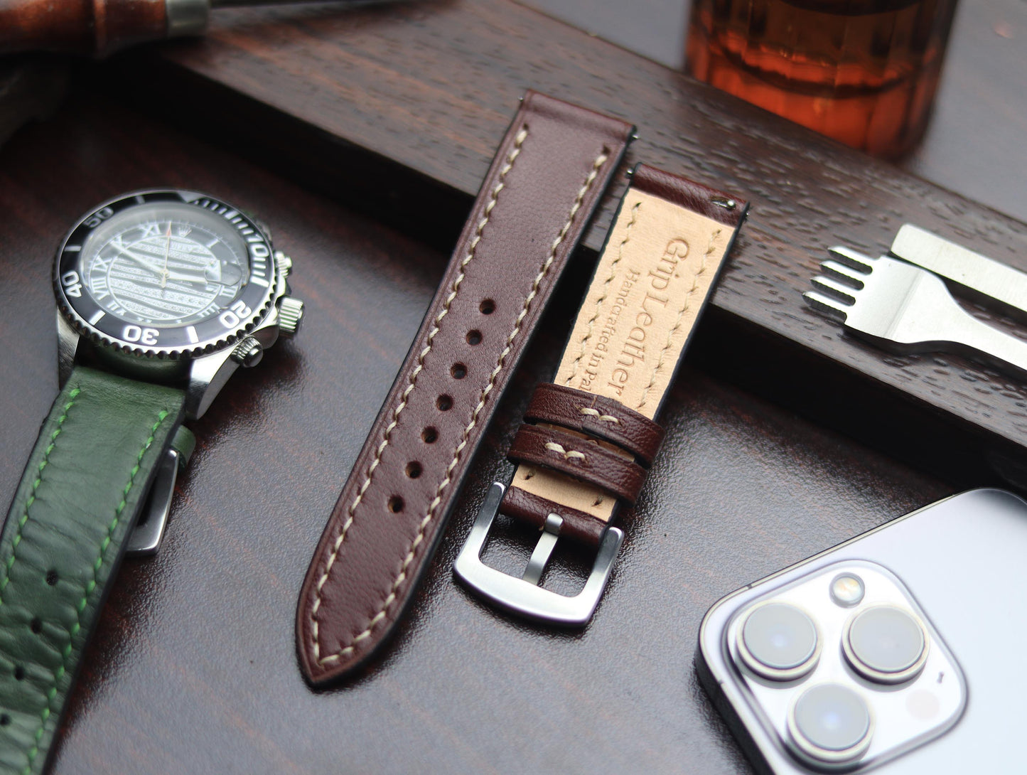 PREMIUM LEATHER STRAP BURNT OAK - FULL STITCHED (BEIGH)