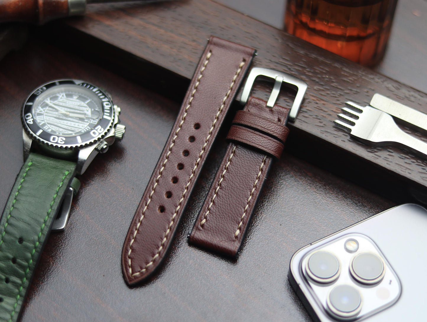 PREMIUM LEATHER STRAP BURNT OAK - FULL STITCHED (BEIGH)