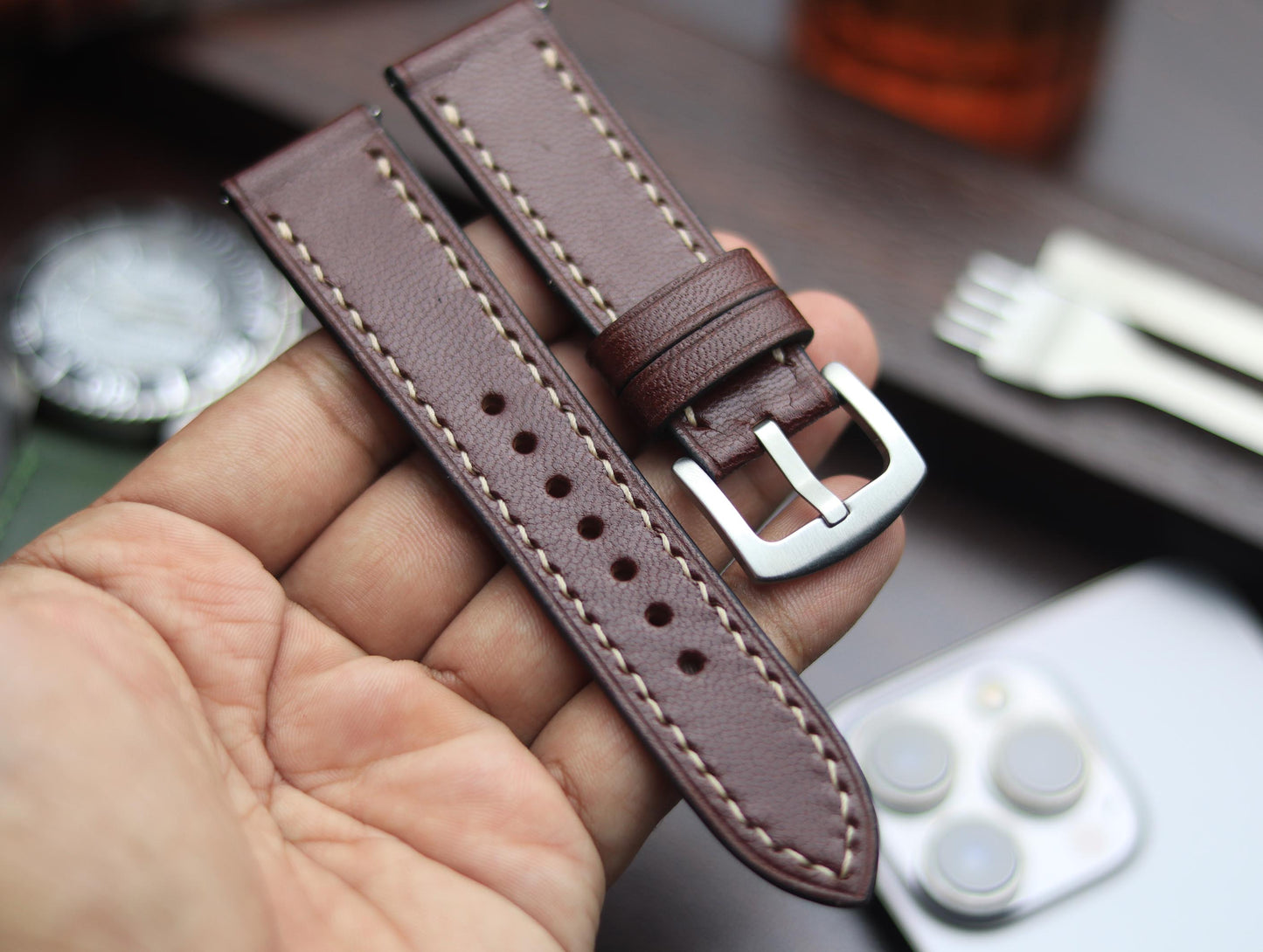 PREMIUM LEATHER STRAP BURNT OAK - FULL STITCHED (BEIGH)
