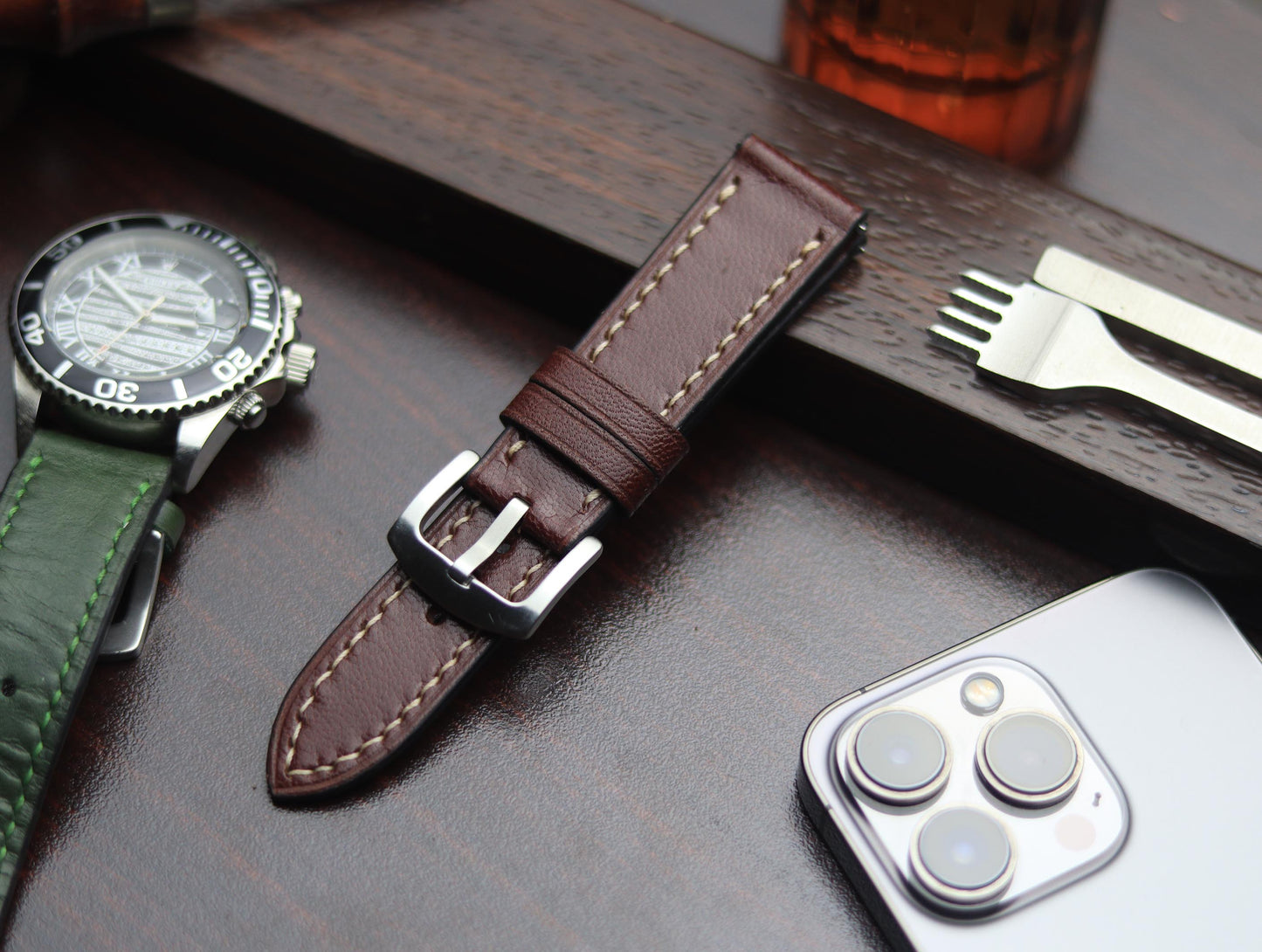 PREMIUM LEATHER STRAP BURNT OAK - FULL STITCHED (BEIGH)