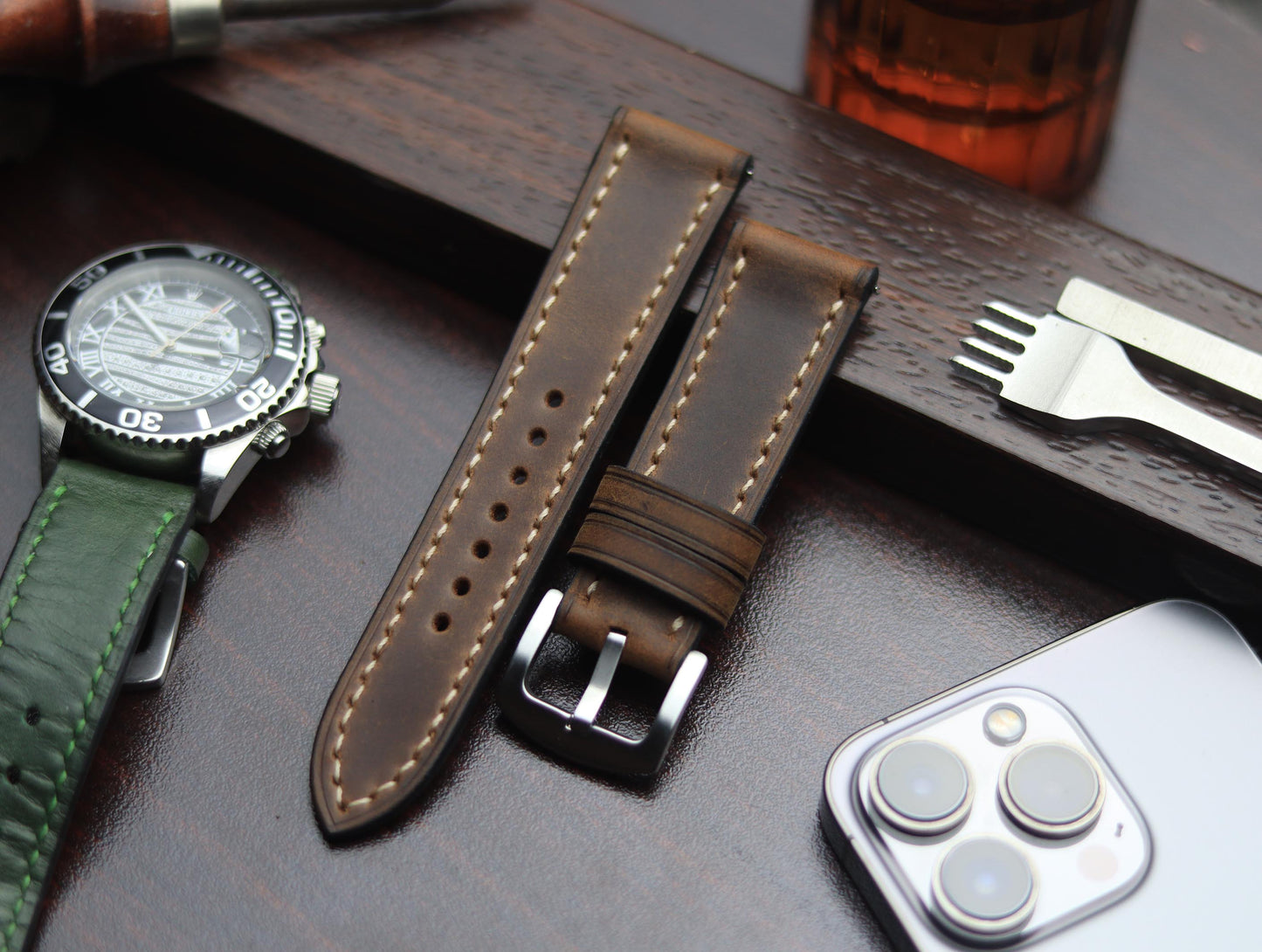 PREMIUM LEATHER STRAP ECLIPSE BROWN - FULL STITCHED (BEIGH)