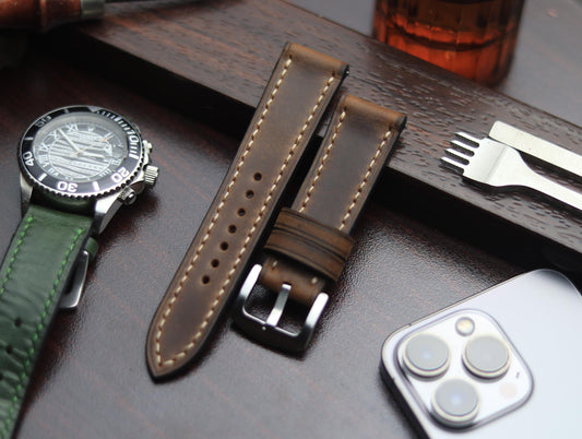 PREMIUM LEATHER STRAP ECLIPSE BROWN - FULL STITCHED (BEIGH)