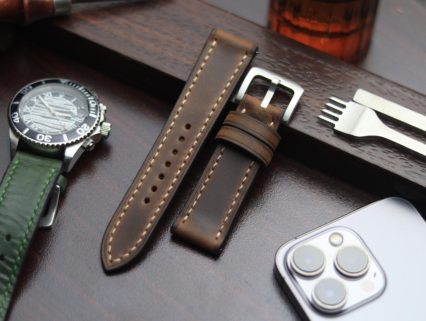 PREMIUM LEATHER STRAP ECLIPSE BROWN - FULL STITCHED (BEIGH)