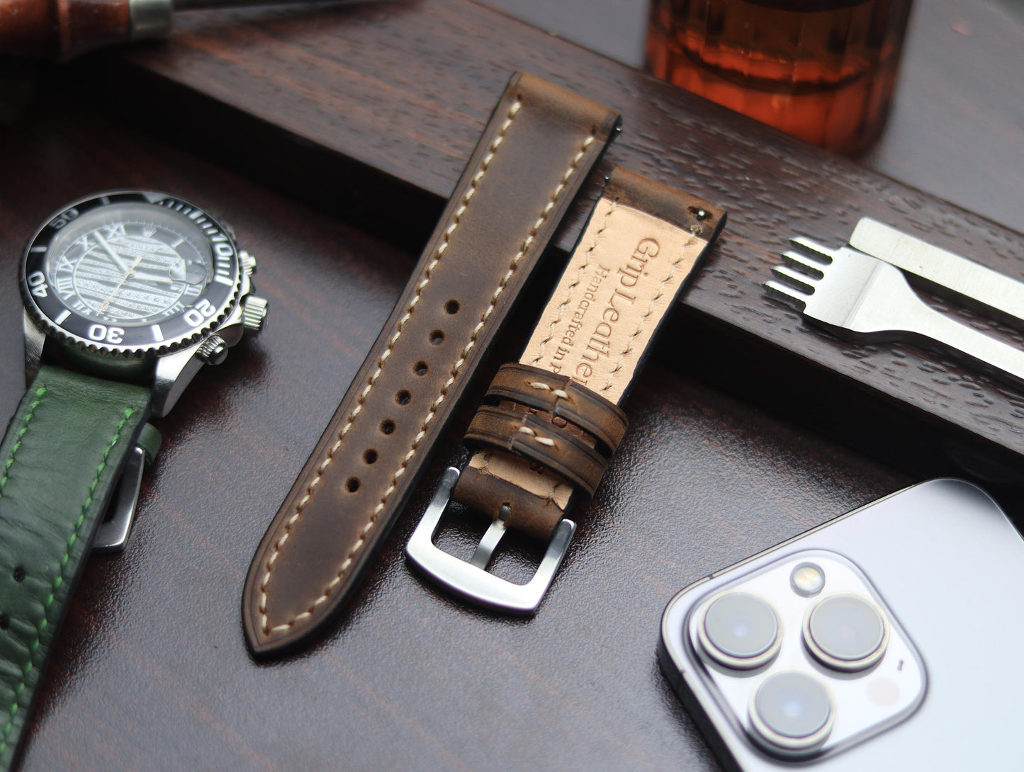 PREMIUM LEATHER STRAP ECLIPSE BROWN - FULL STITCHED (BEIGH)
