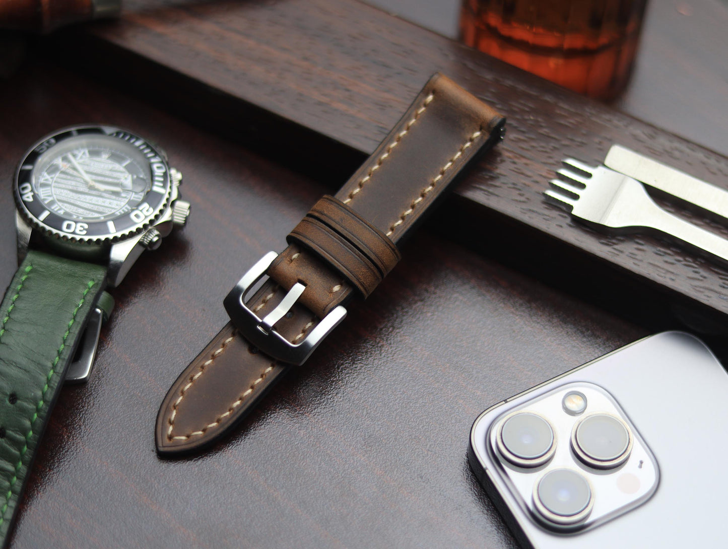 PREMIUM LEATHER STRAP ECLIPSE BROWN - FULL STITCHED (BEIGH)