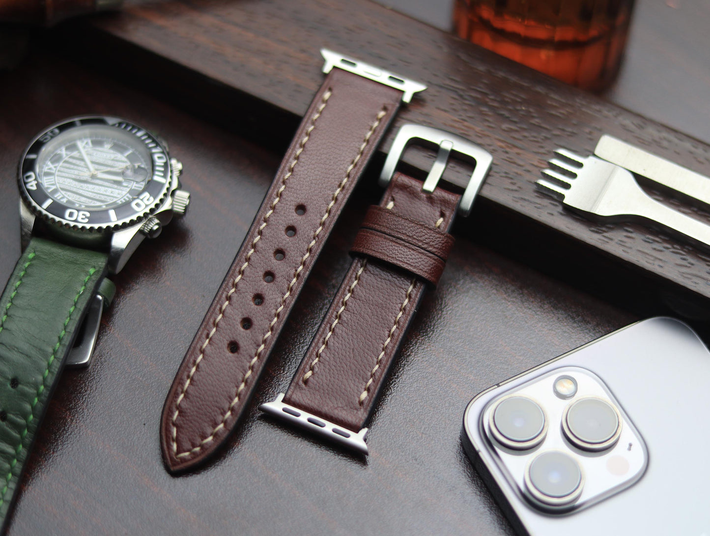 PREMIUM LEATHER STRAP BURNT OAK - FULL STITCHED (BEIGH)
