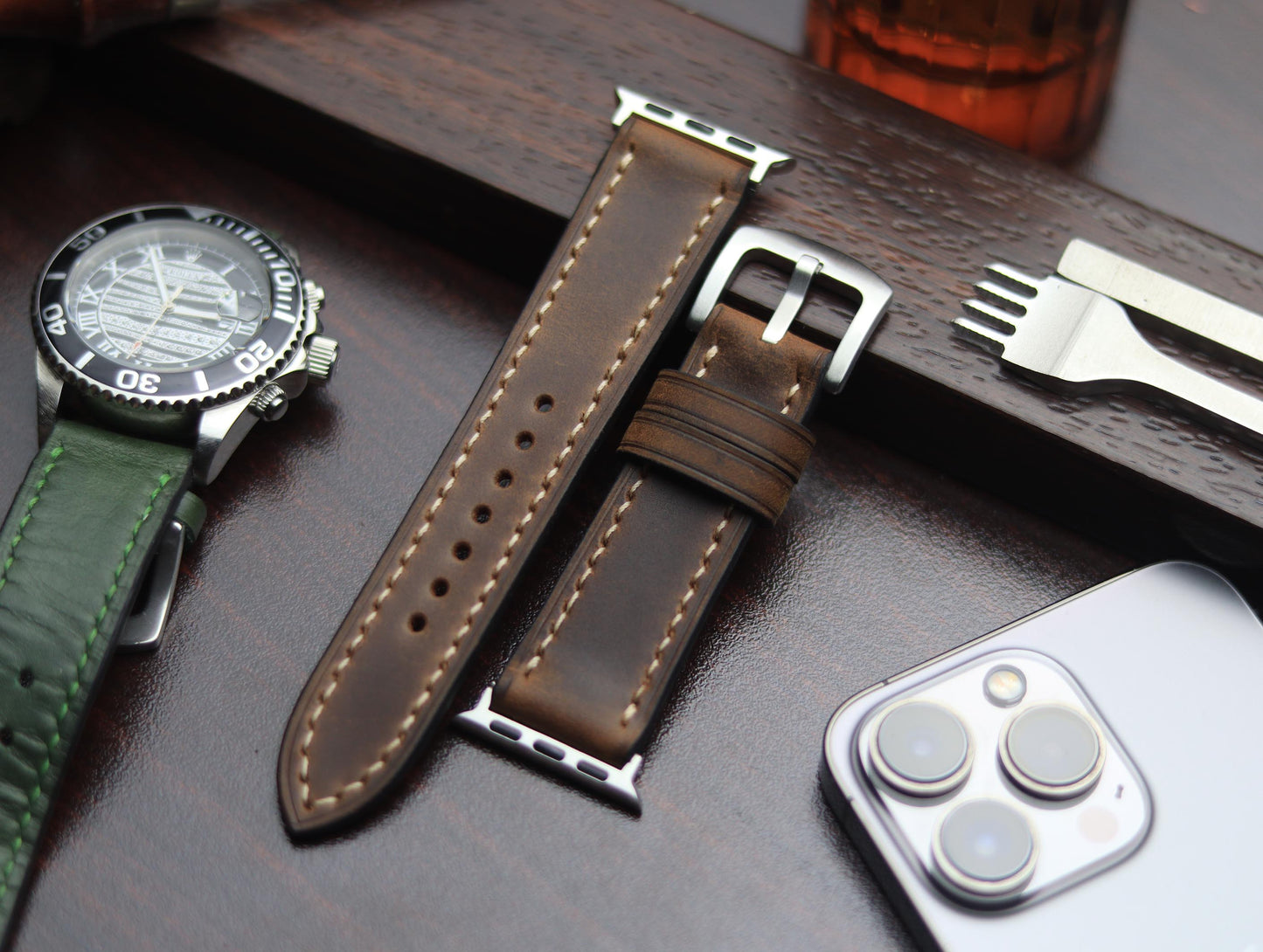 PREMIUM LEATHER STRAP ECLIPSE BROWN - FULL STITCHED (BEIGH)