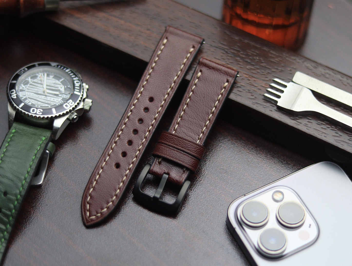 PREMIUM LEATHER STRAP BURNT OAK - FULL STITCHED (BEIGH)