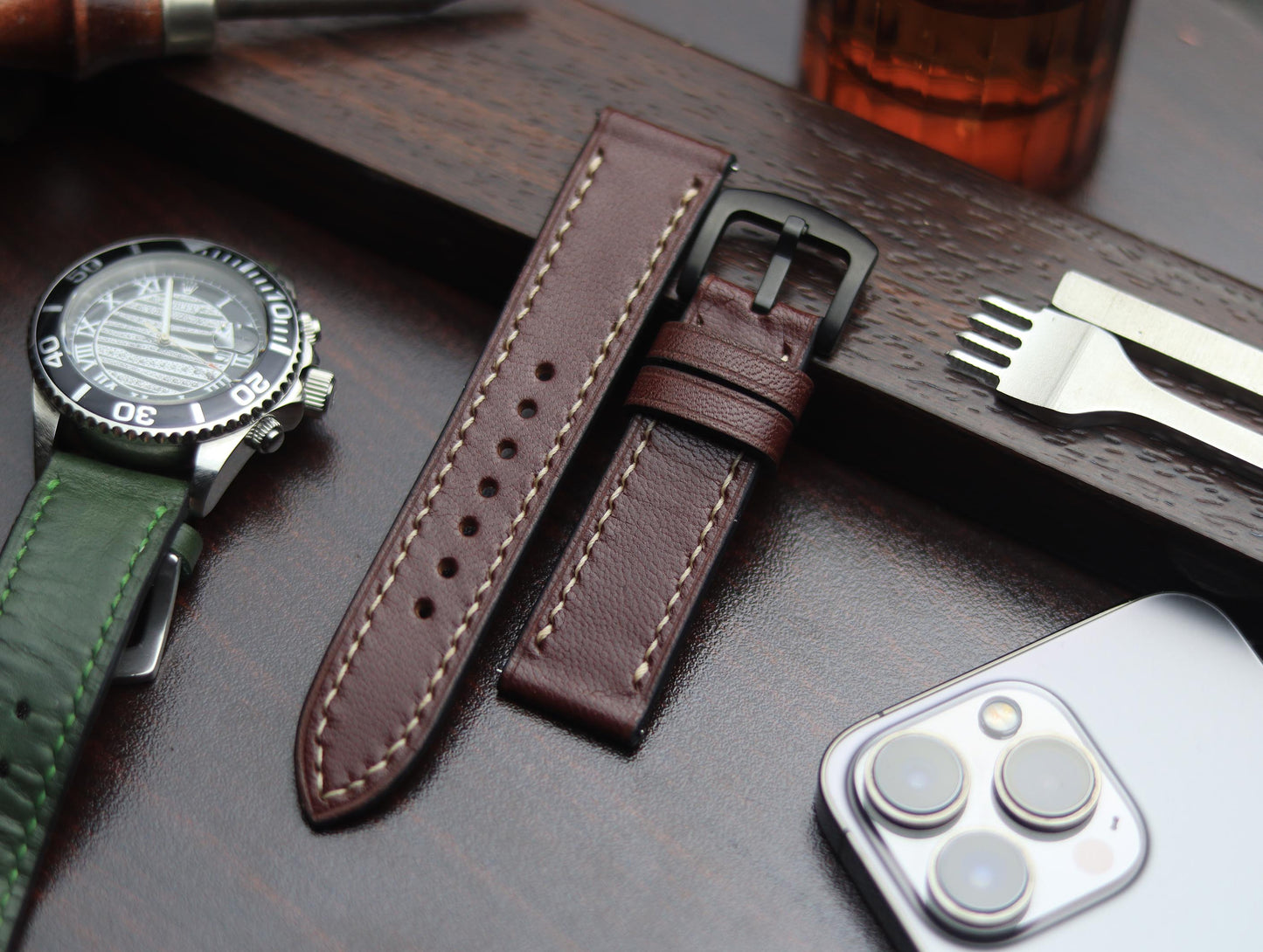 PREMIUM LEATHER STRAP BURNT OAK - FULL STITCHED (BEIGH)