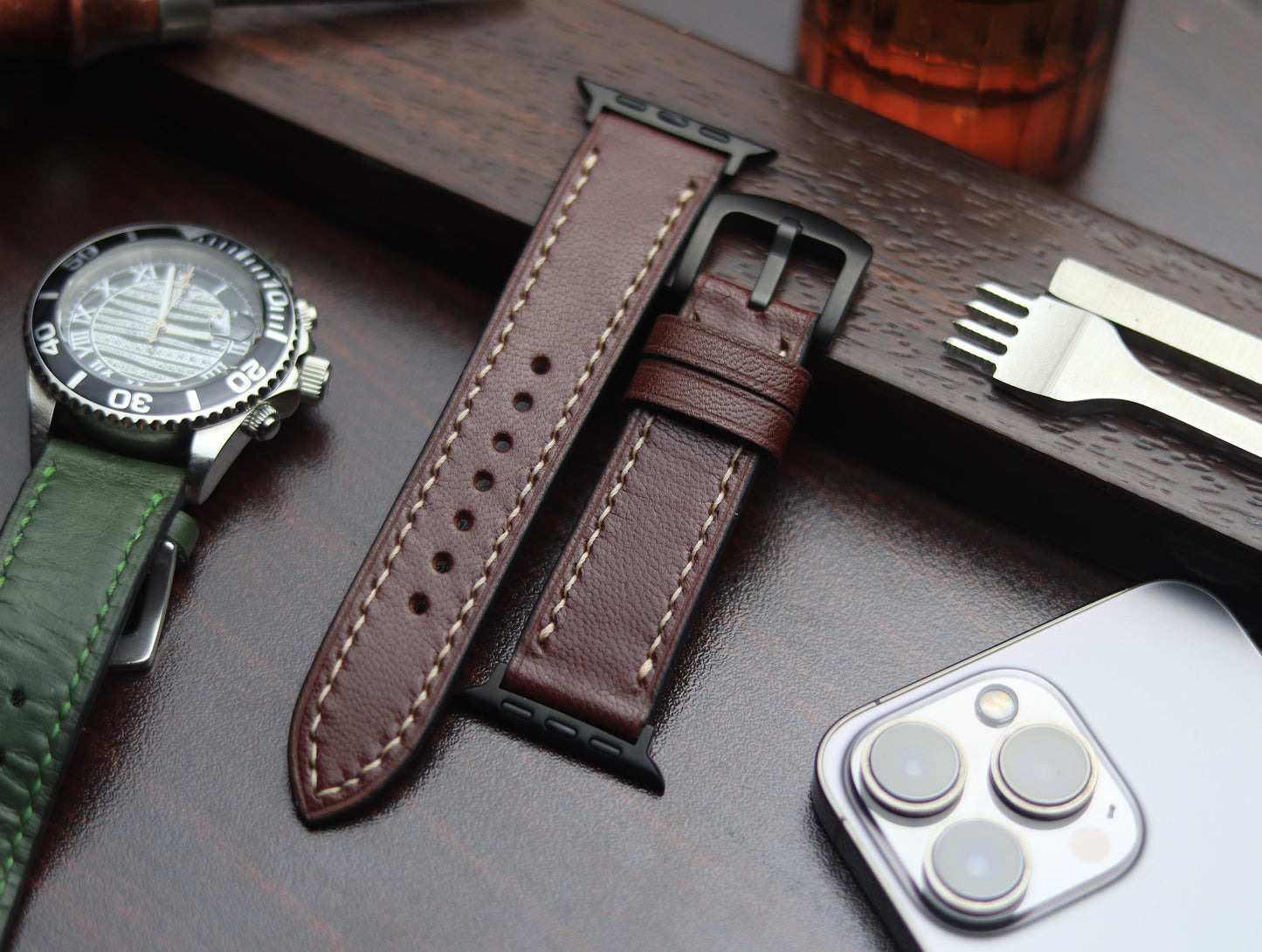 PREMIUM LEATHER STRAP BURNT OAK - FULL STITCHED (BEIGH)