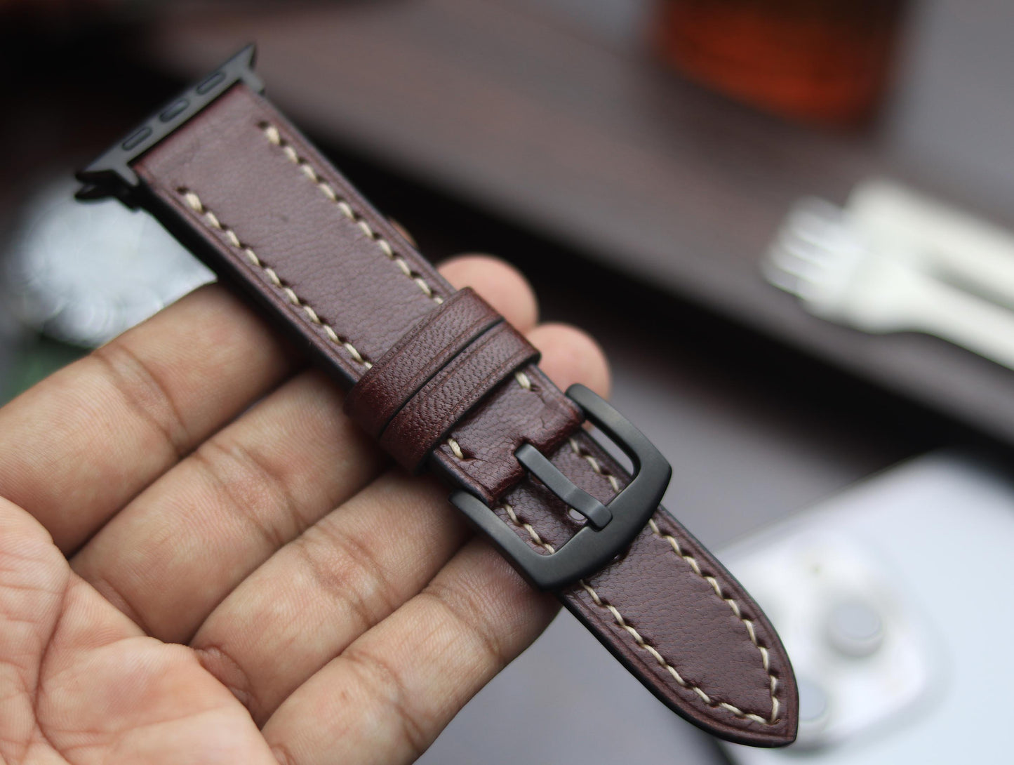 PREMIUM LEATHER STRAP BURNT OAK - FULL STITCHED (BEIGH)