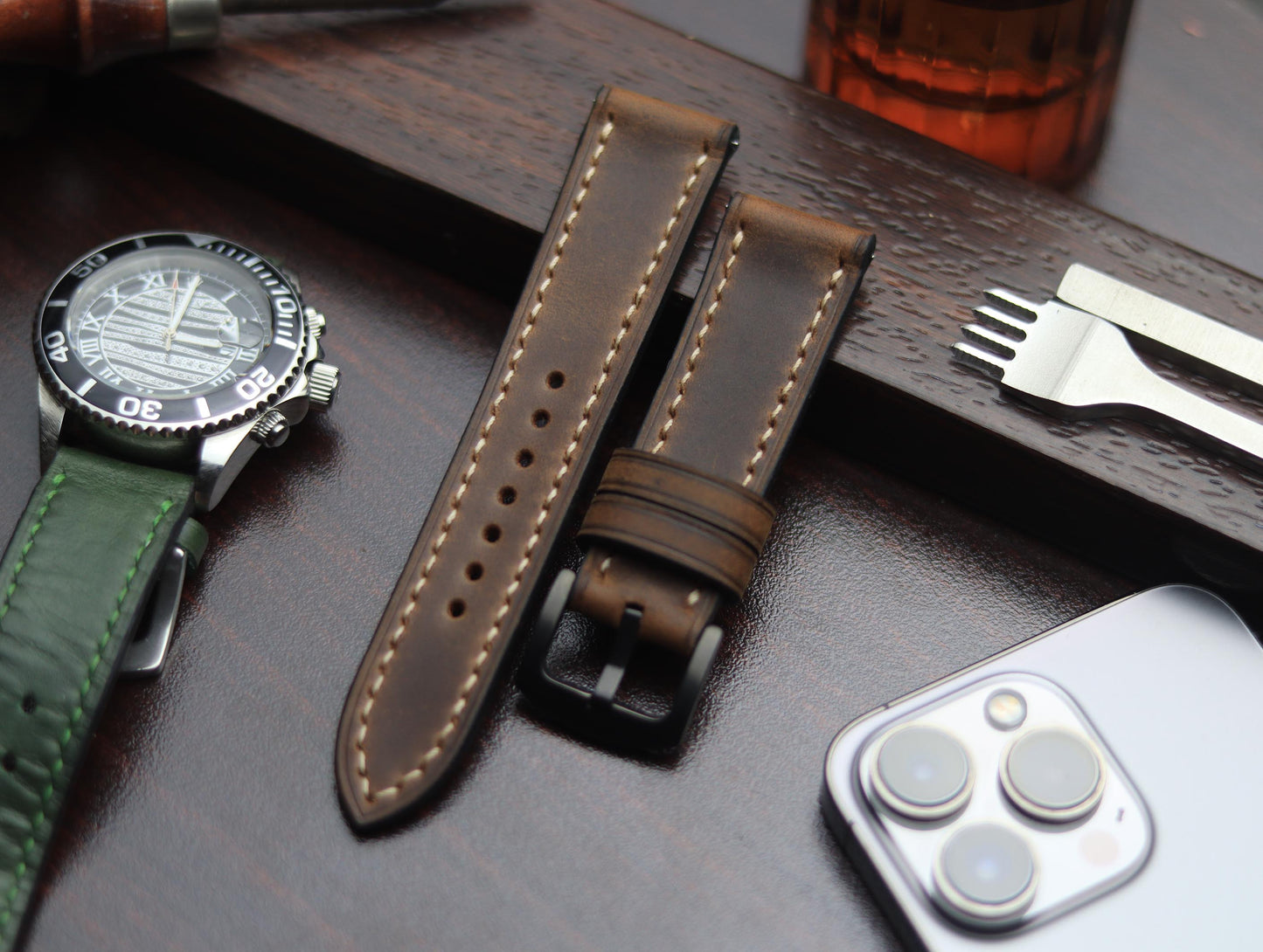 PREMIUM LEATHER STRAP ECLIPSE BROWN - FULL STITCHED (BEIGH)