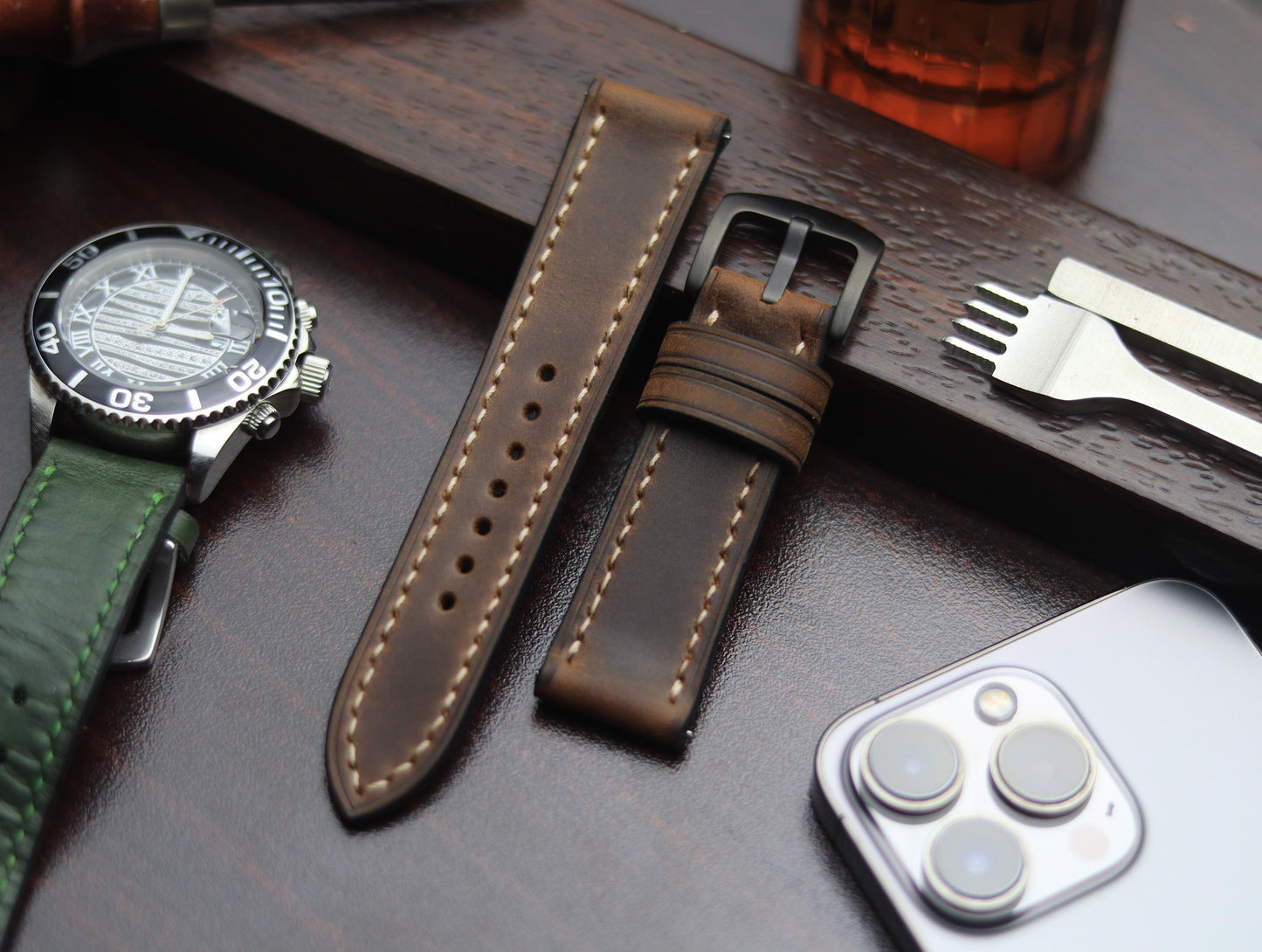 PREMIUM LEATHER STRAP ECLIPSE BROWN - FULL STITCHED (BEIGH)