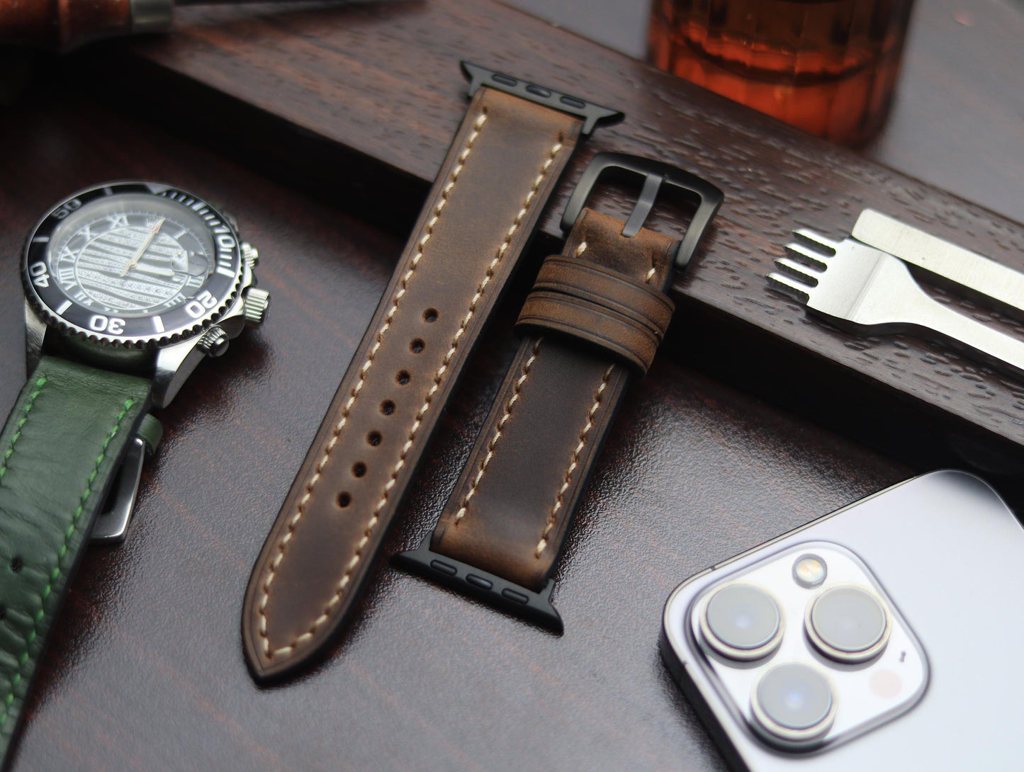 PREMIUM LEATHER STRAP ECLIPSE BROWN - FULL STITCHED (BEIGH)