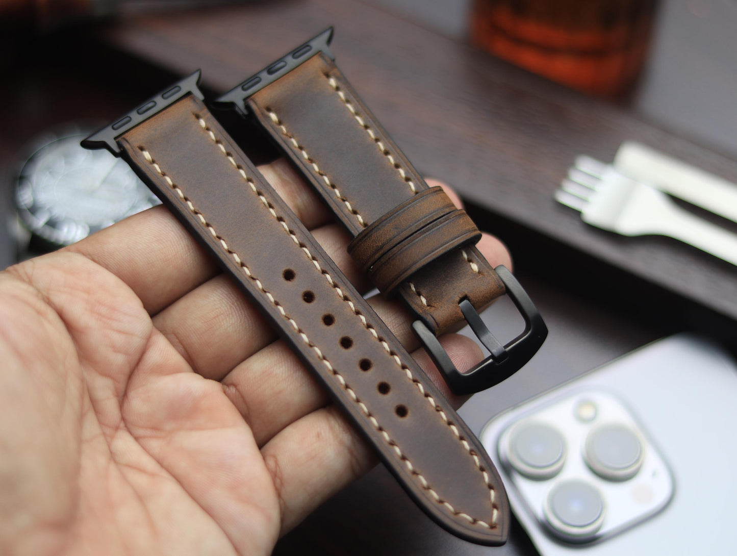 PREMIUM LEATHER STRAP ECLIPSE BROWN - FULL STITCHED (BEIGH)
