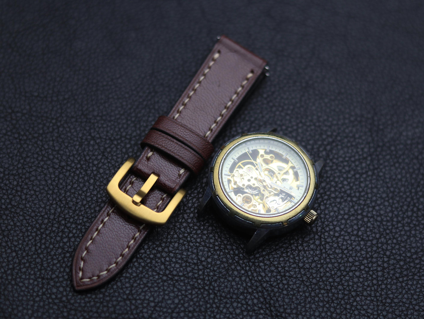 PREMIUM LEATHER STRAP BURNT OAK - FULL STITCHED (BEIGH)