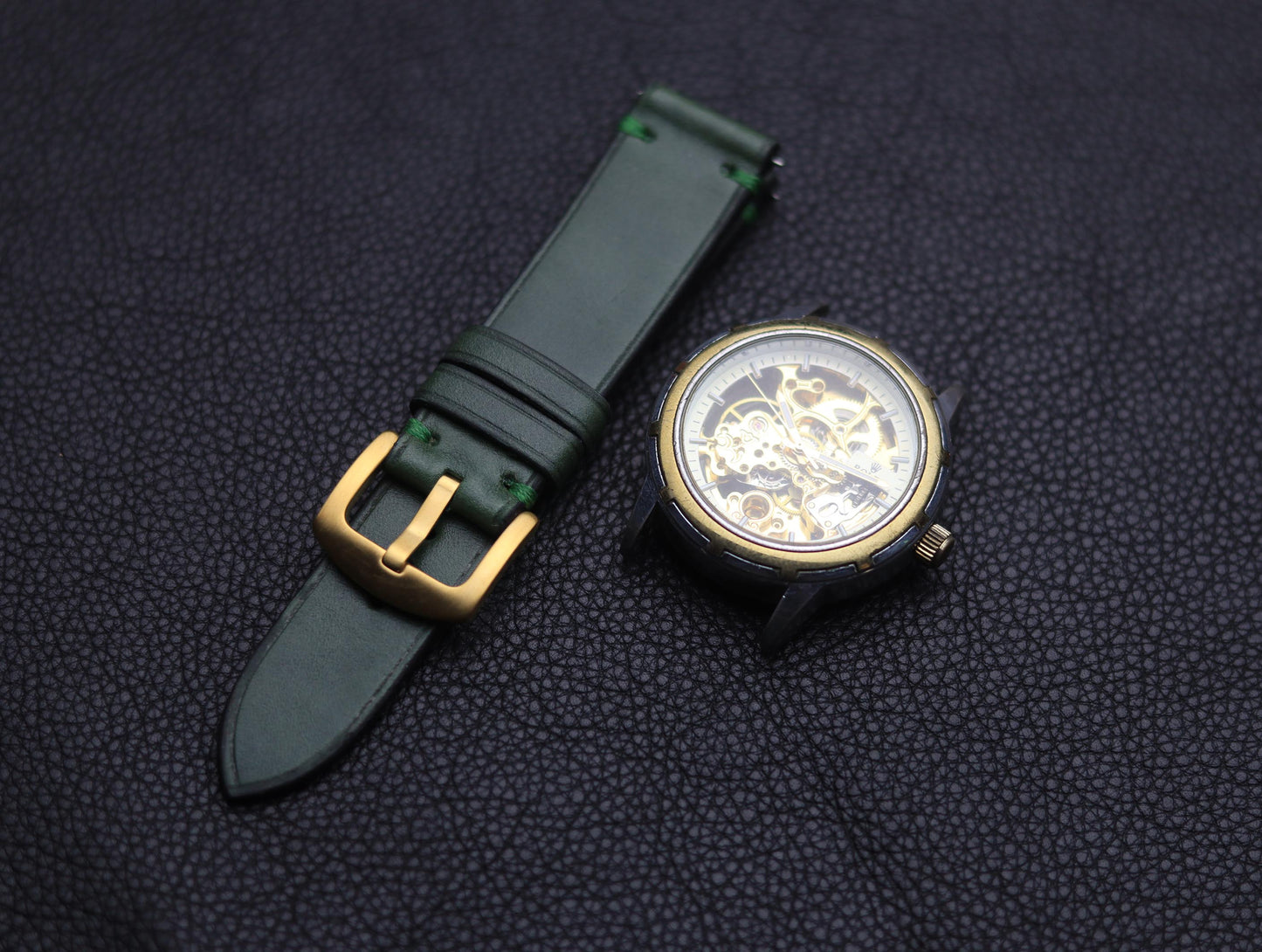 PREMIUM LEATHER STRAP FOREST GREEN -FULL STITCHED (GREEN)