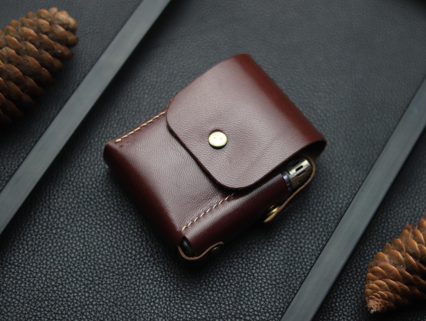 Genuine Leather Cigarette Case Side Lighter Pocket BURNT OAK