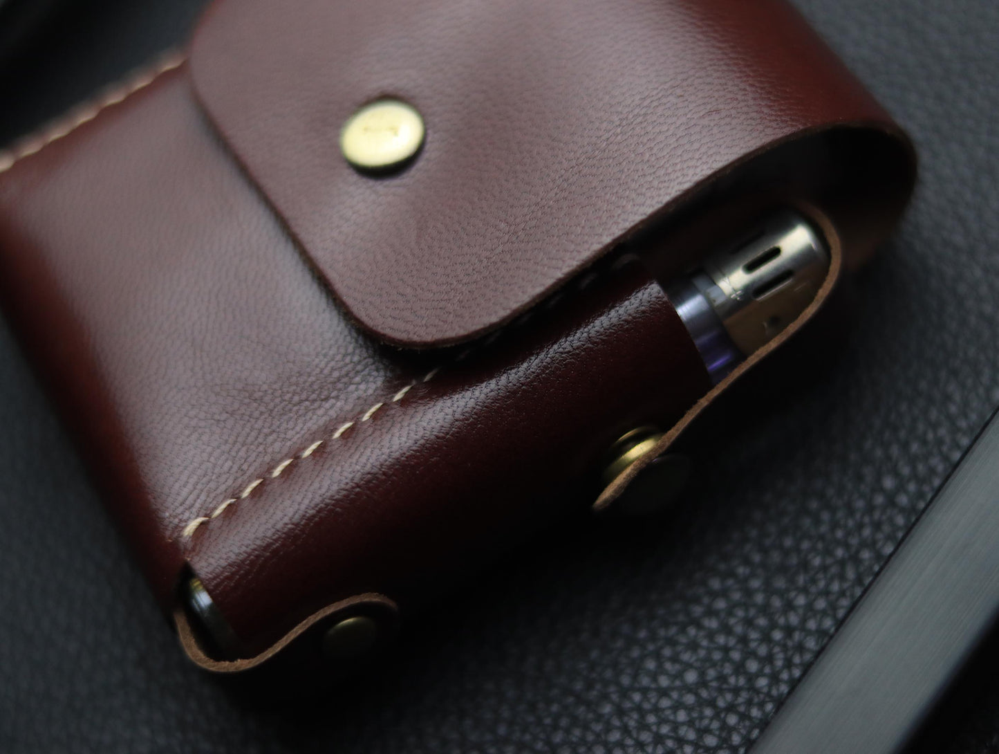 Genuine Leather Cigarette Case Side Lighter Pocket BURNT OAK