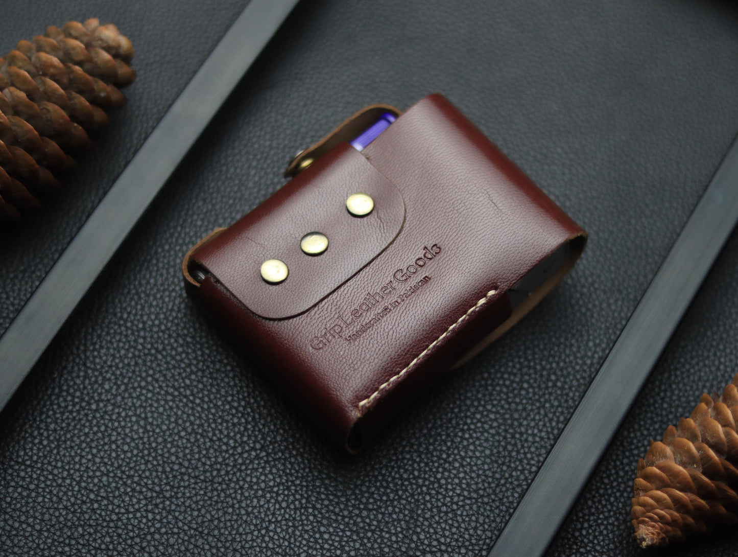 Genuine Leather Cigarette Case Side Lighter Pocket BURNT OAK