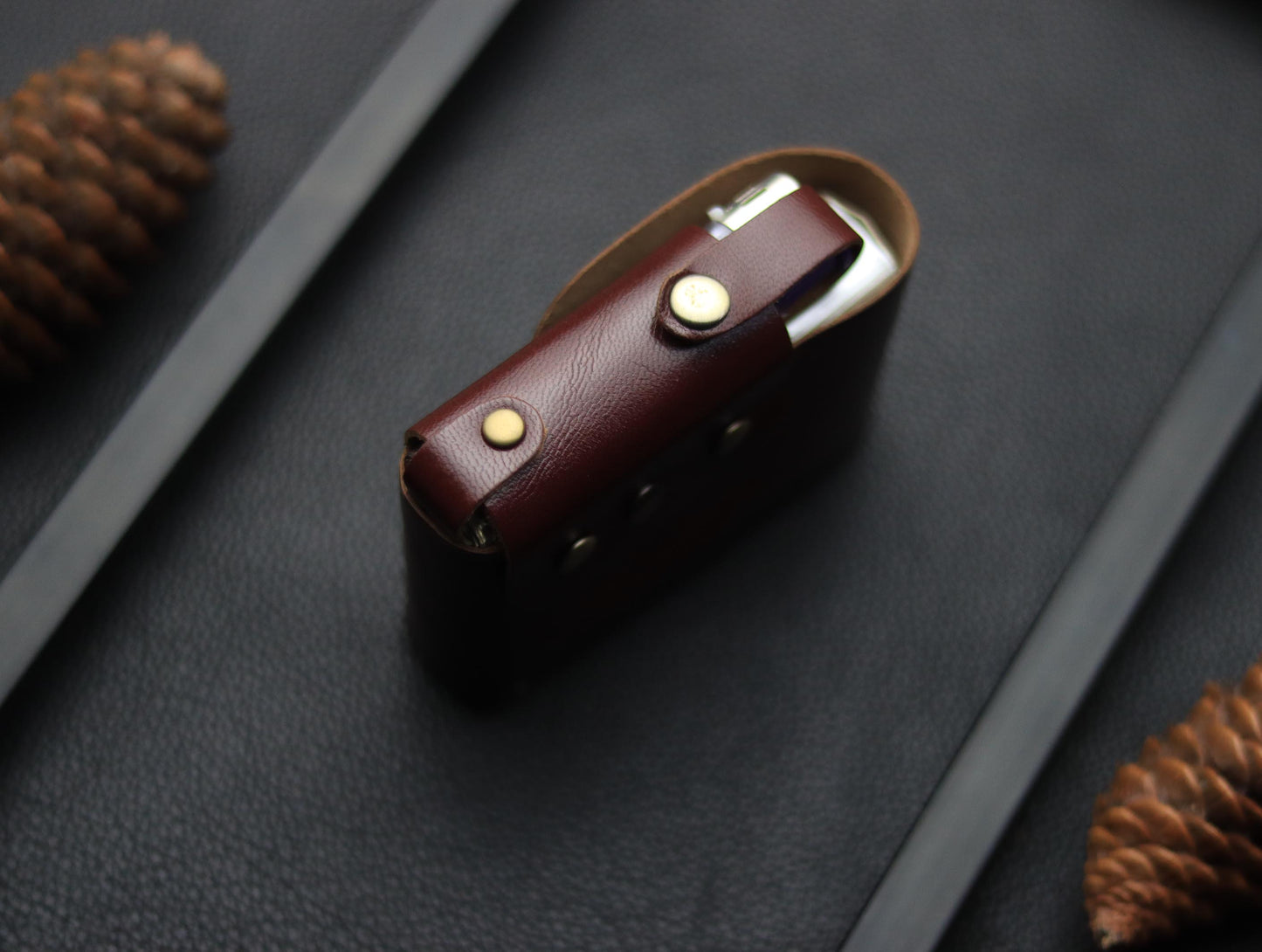 Genuine Leather Cigarette Case Side Lighter Pocket BURNT OAK