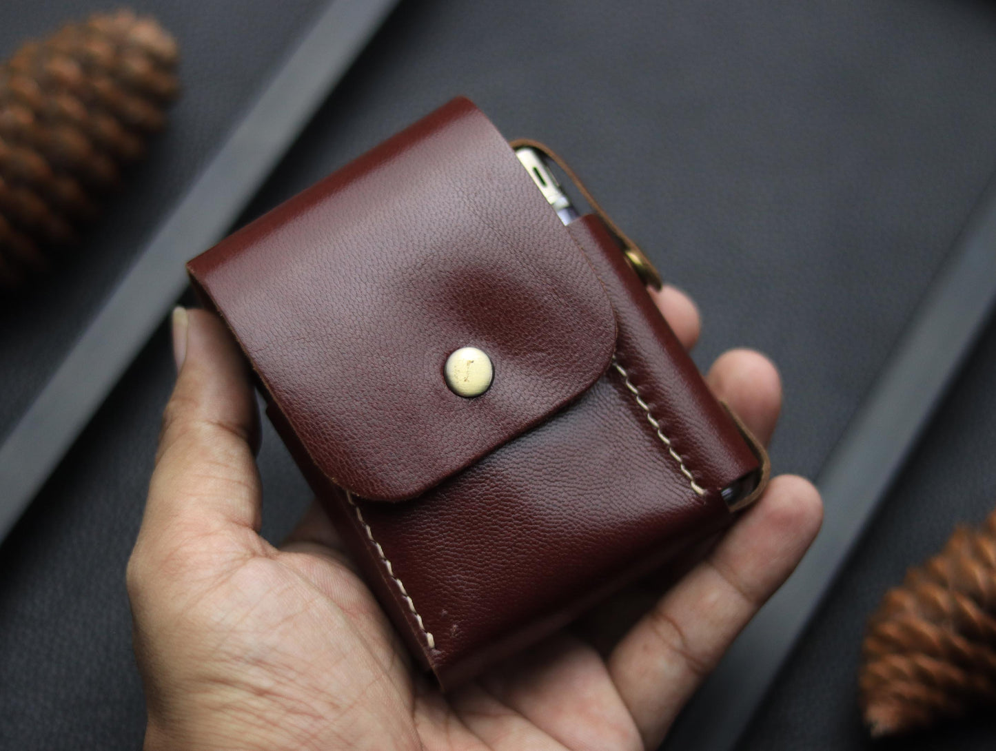 Genuine Leather Cigarette Case Side Lighter Pocket BURNT OAK