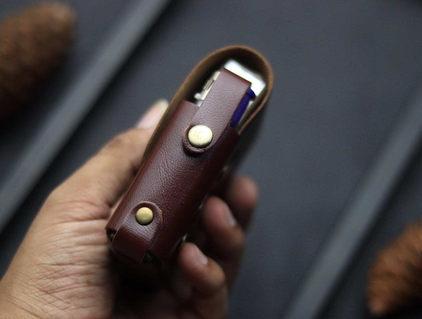 Genuine Leather Cigarette Case Side Lighter Pocket BURNT OAK