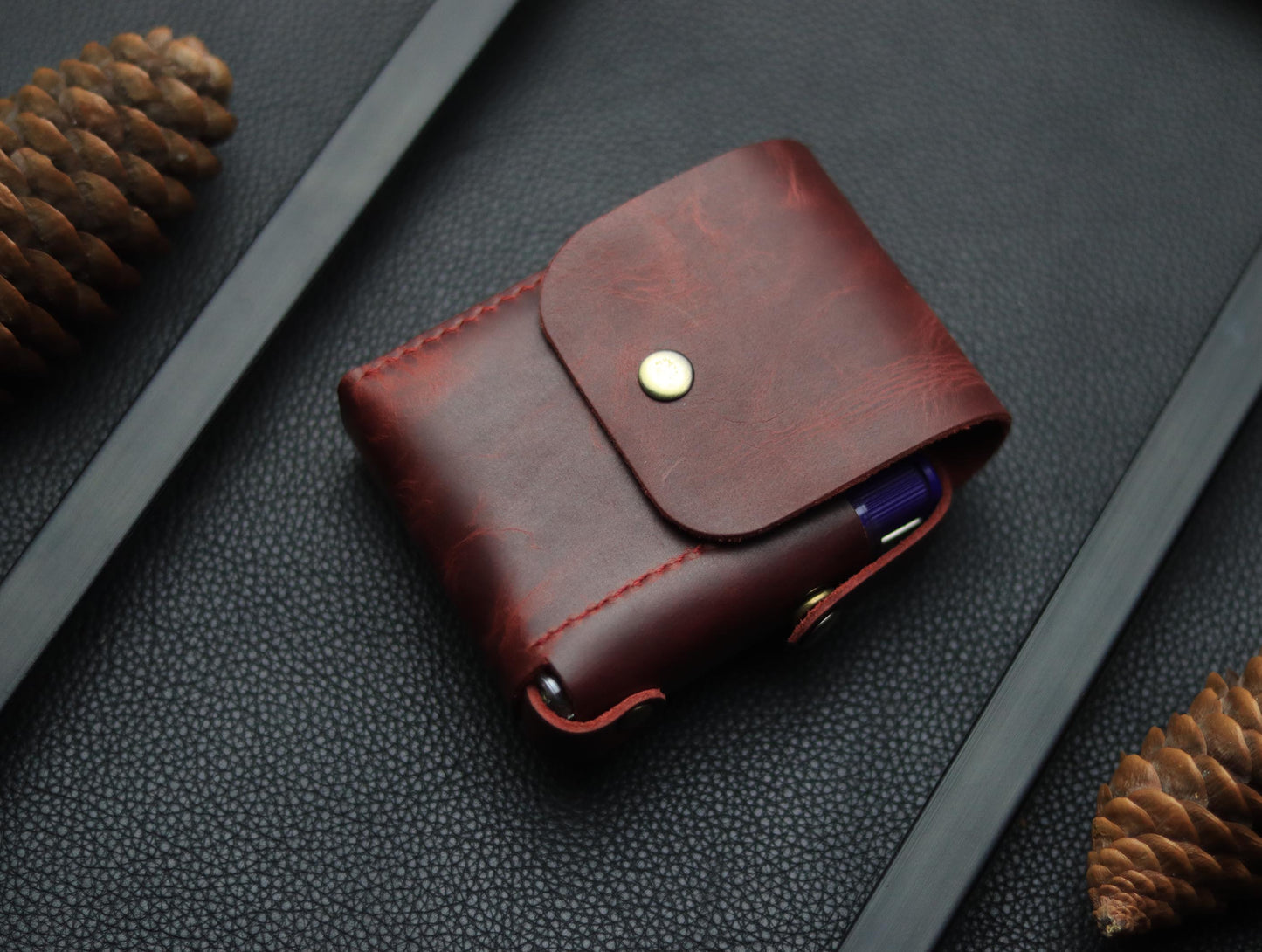 Genuine Leather Cigarette Case Side Lighter Pocket  MARQUIS RED
