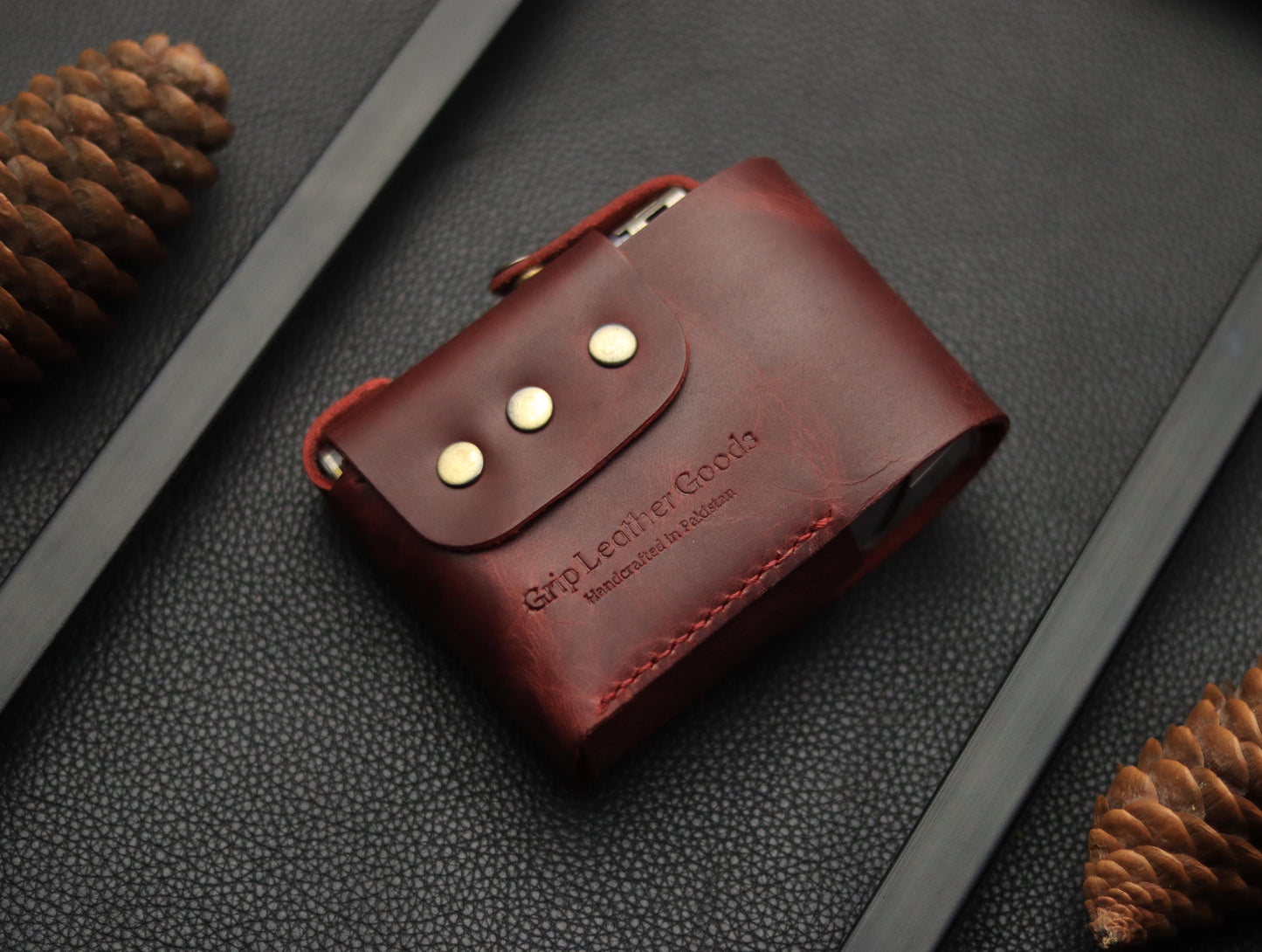 Genuine Leather Cigarette Case Side Lighter Pocket  MARQUIS RED