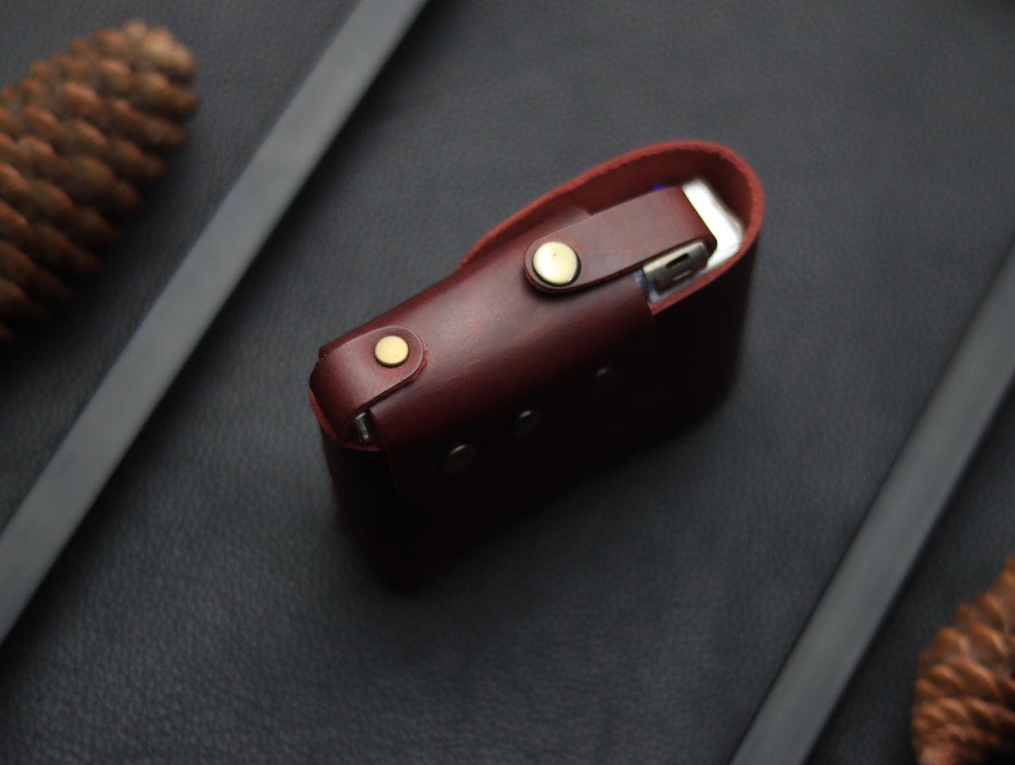 Genuine Leather Cigarette Case Side Lighter Pocket  MARQUIS RED