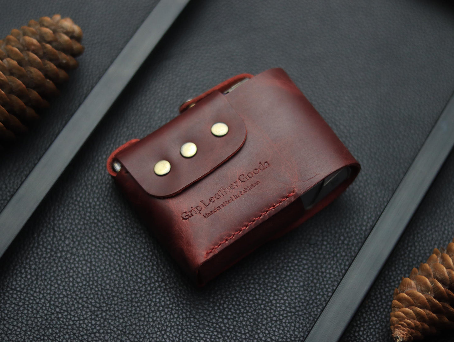 Genuine Leather Cigarette Case Side Lighter Pocket  MARQUIS RED