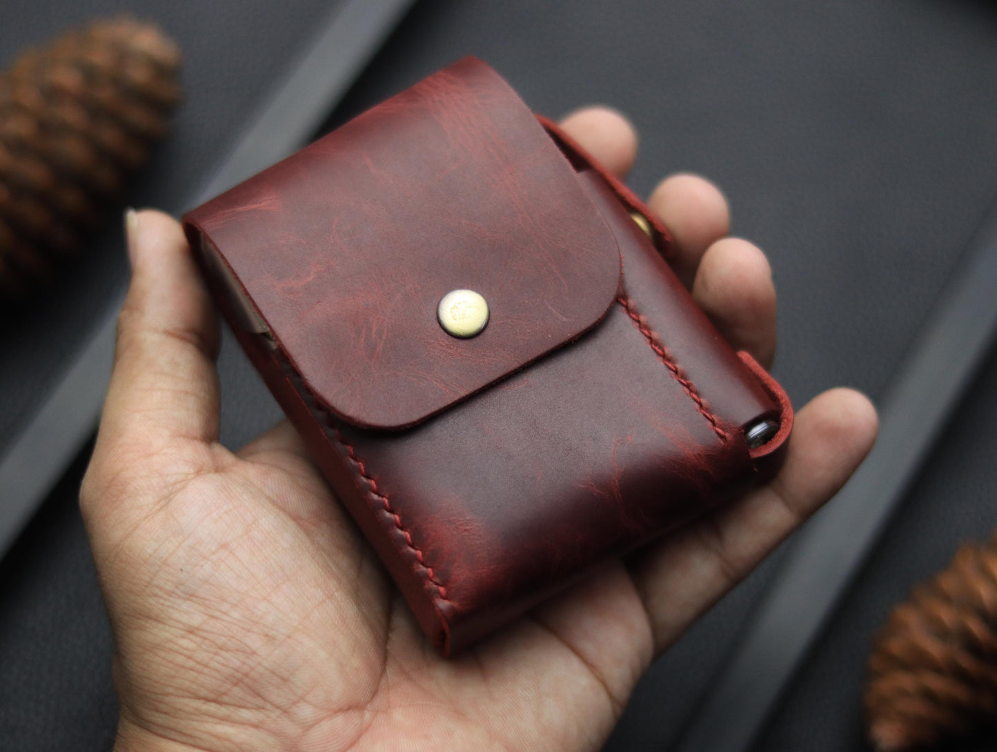 Genuine Leather Cigarette Case Side Lighter Pocket  MARQUIS RED
