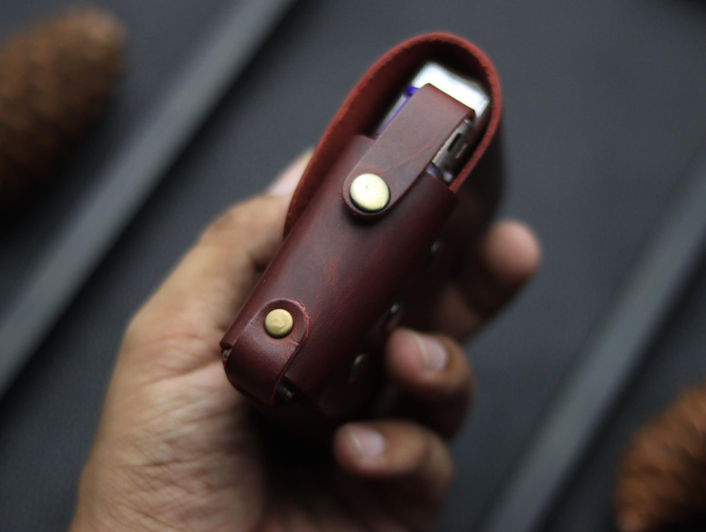 Genuine Leather Cigarette Case Side Lighter Pocket  MARQUIS RED