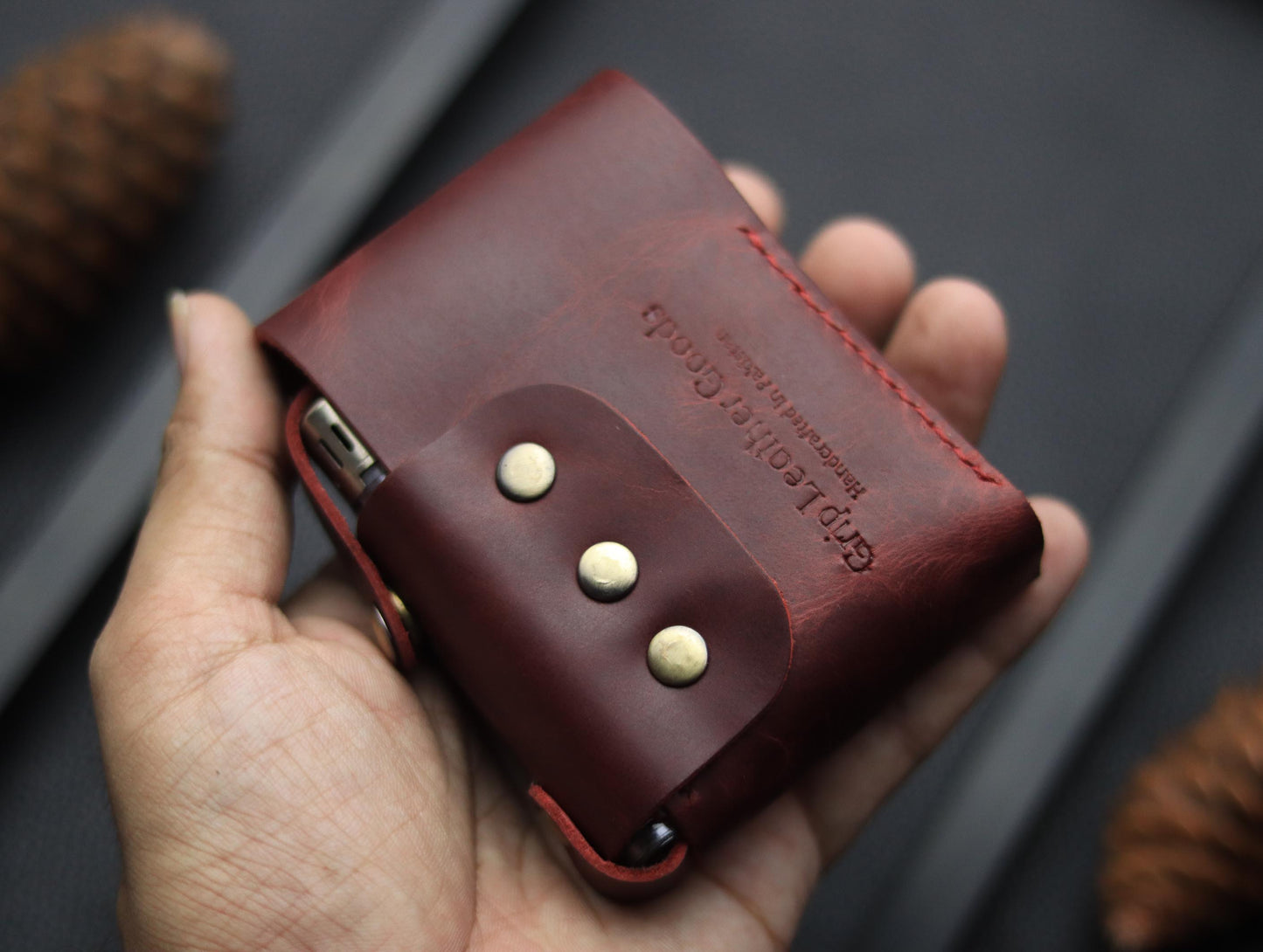 Genuine Leather Cigarette Case Side Lighter Pocket  MARQUIS RED
