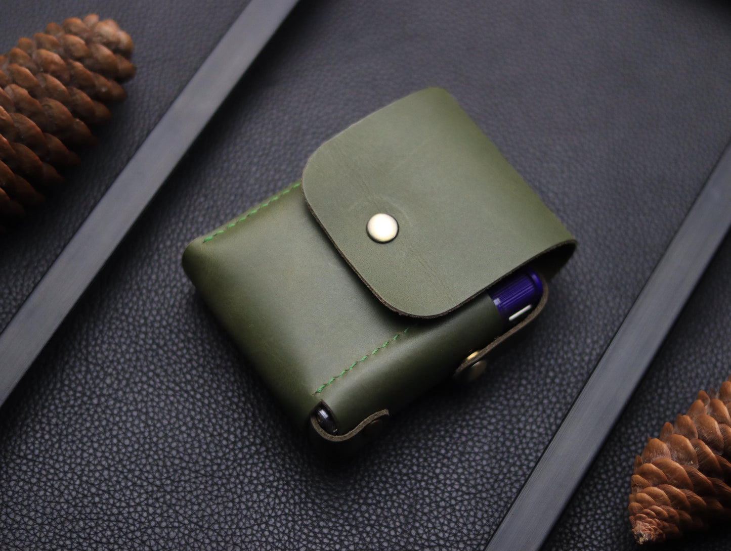 Genuine Leather Cigarette Case Side Lighter Pocket OLIVE GREEN