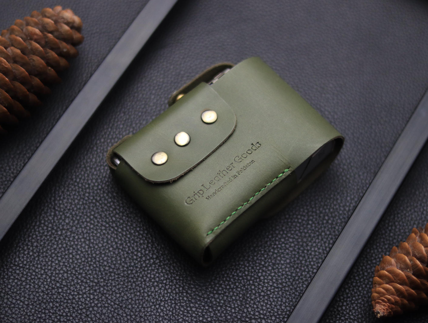 Genuine Leather Cigarette Case Side Lighter Pocket OLIVE GREEN