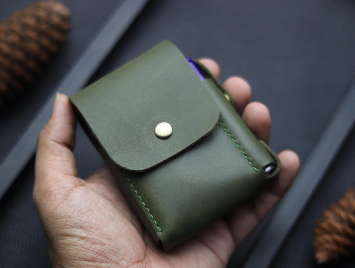 Genuine Leather Cigarette Case Side Lighter Pocket OLIVE GREEN